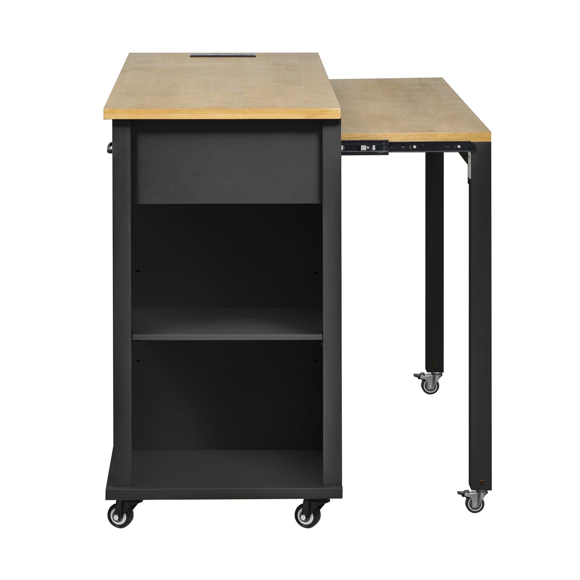 K&K 47 inch Kitchen Island with Extendable Dining Table, Rubber Wood Veneer Kitchen Table with Internal Storage Rack, Power Outlet, Kitchen island with Storage 2 Drawers 2 Cabinet, Black - Grand Goldman Shop