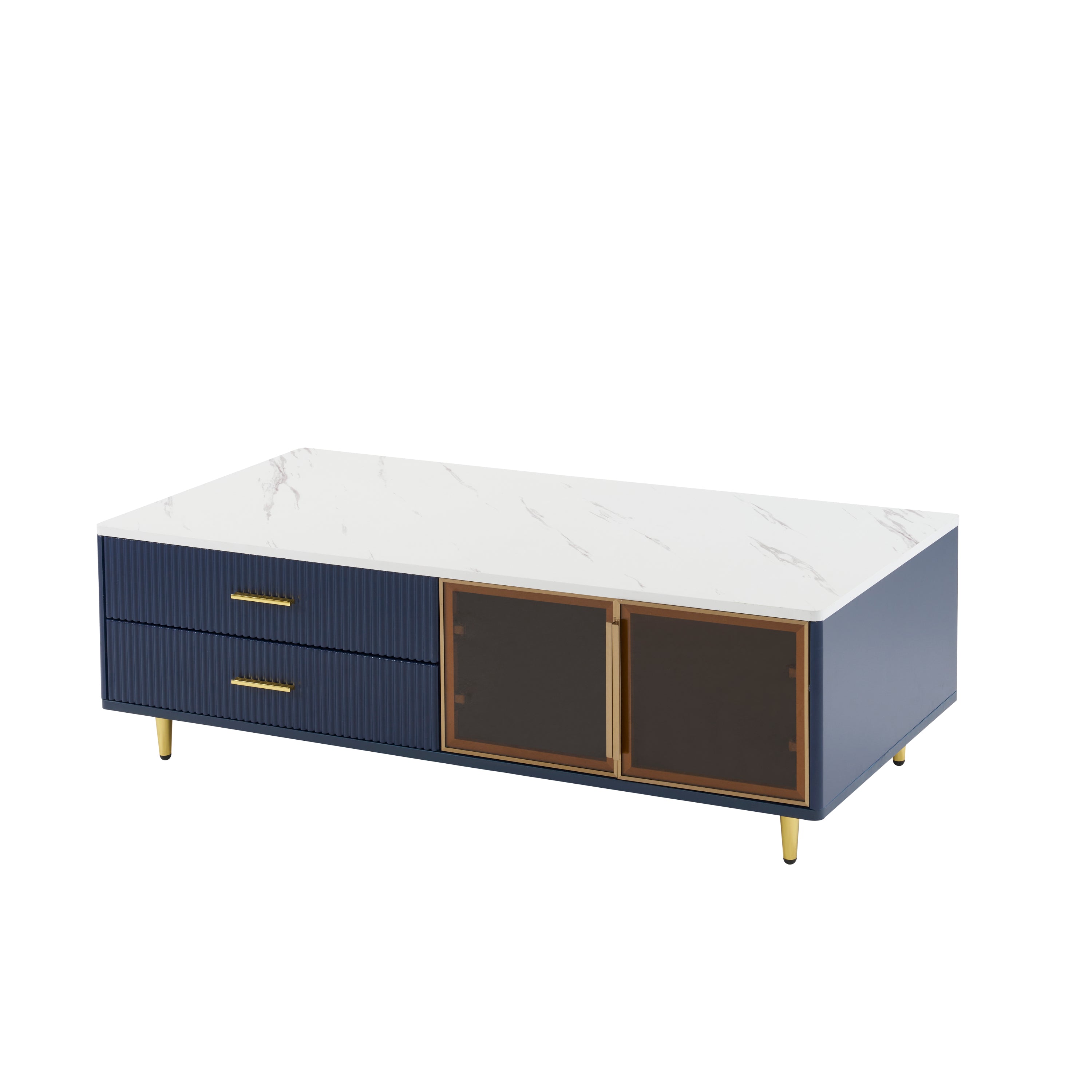 Modern Navy Blue Coffee Table with 2 Glass Door Storage, 4 Drawers, Gold Metal Legs, and Multi-Color Lighting in 47.2'' - Grand Goldman Shop