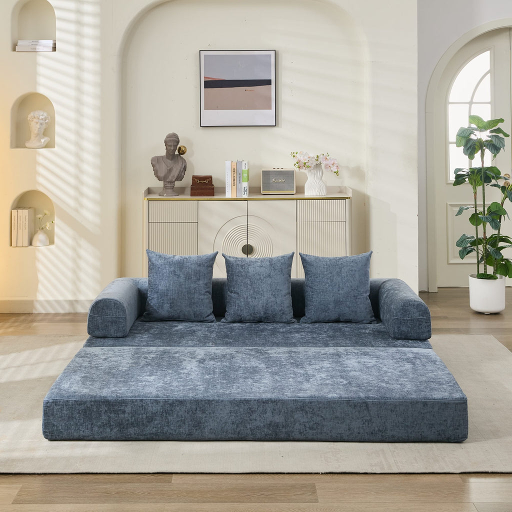Comfy Convertible Folding Mattress Couch, Floor Sofa Bed, Chenille Floor Sofa with Armrest, Floor Sofa Lounge Couch for Living Room Bedroom Lounge Studio-Blue - Grand Goldman Shop