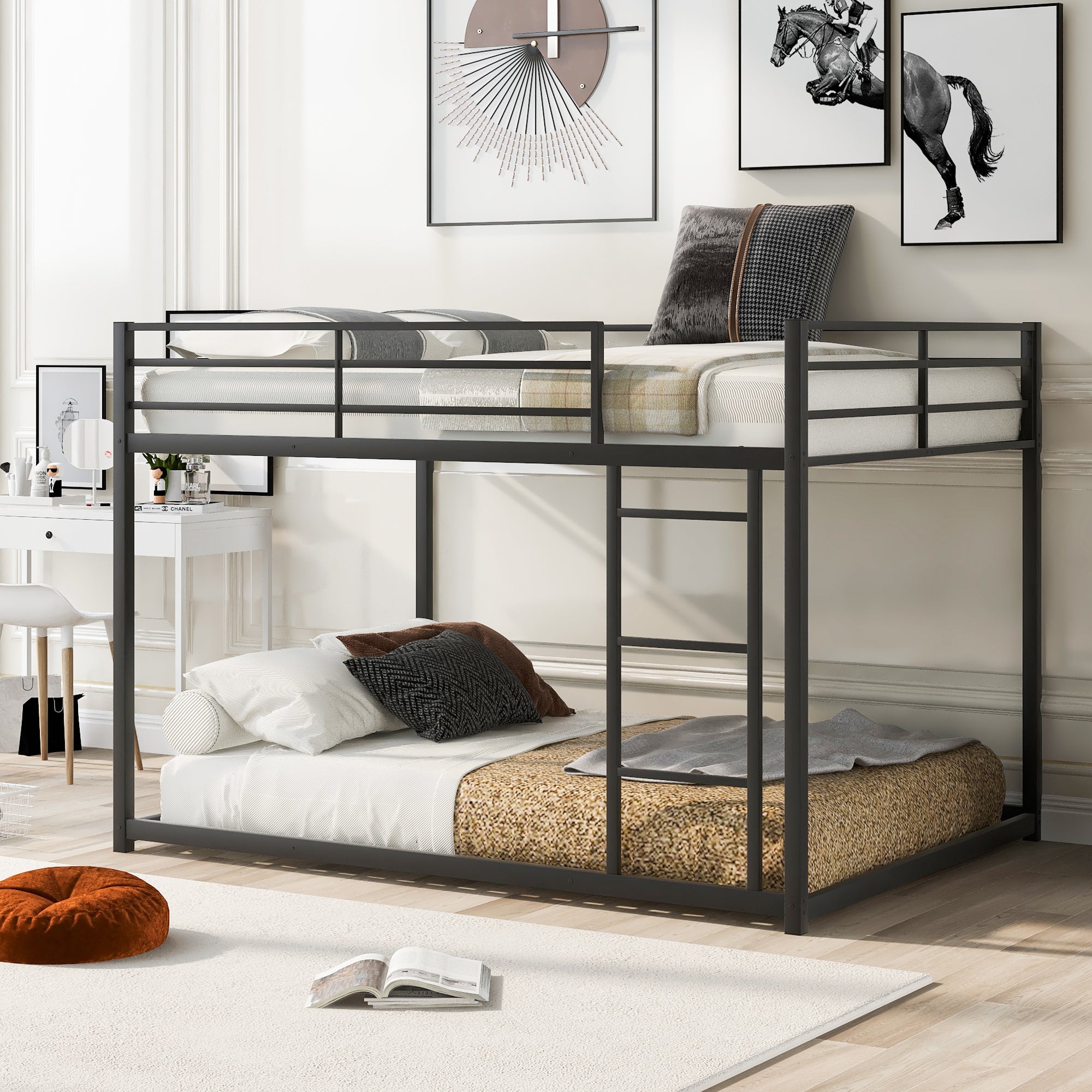 Full Over Full Metal Bunk Bed with Ladder, Black Steel Frame, 77.1''L x 55.9''W x 53.7''H - Grand Goldman Shop