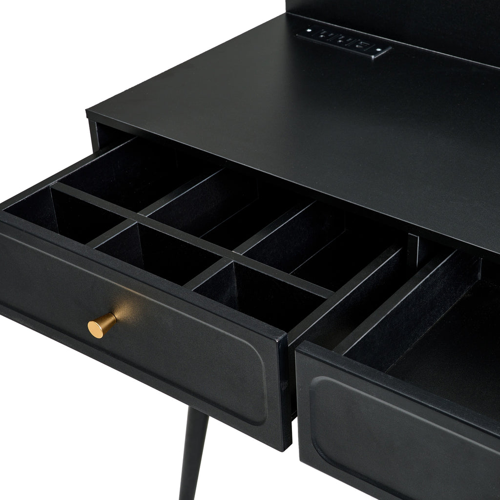 Modern Makeup Vanity Desk with Mirror and Lights, Retractable Design, Black Engineered Wood, 58.50 x 15.80 x 52.30 inches - Grand Goldman Shop
