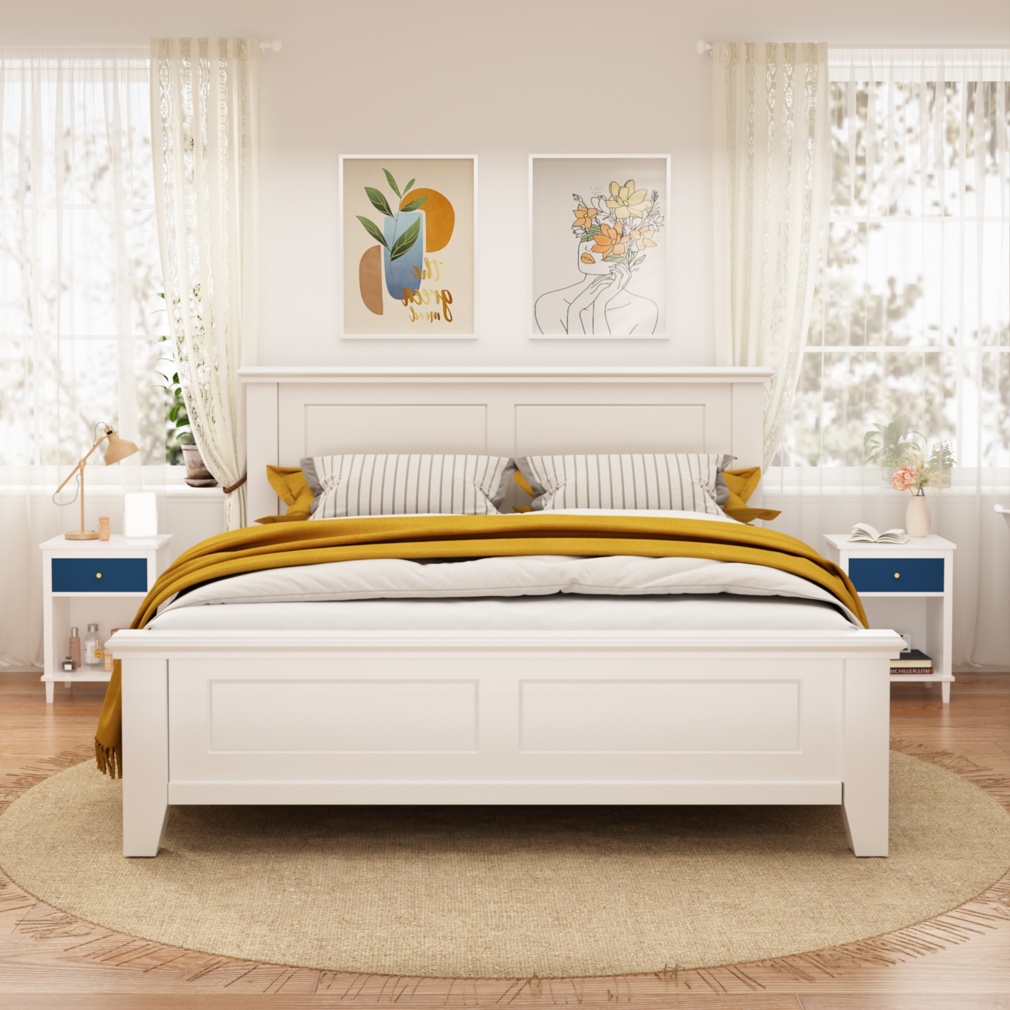 Navy+Golden Handle Wooden Nightstand with One Drawer One Shelf for Kids and Adults, White+Navy Finish, MDF Material, 26.77''H - Grand Goldman Shop