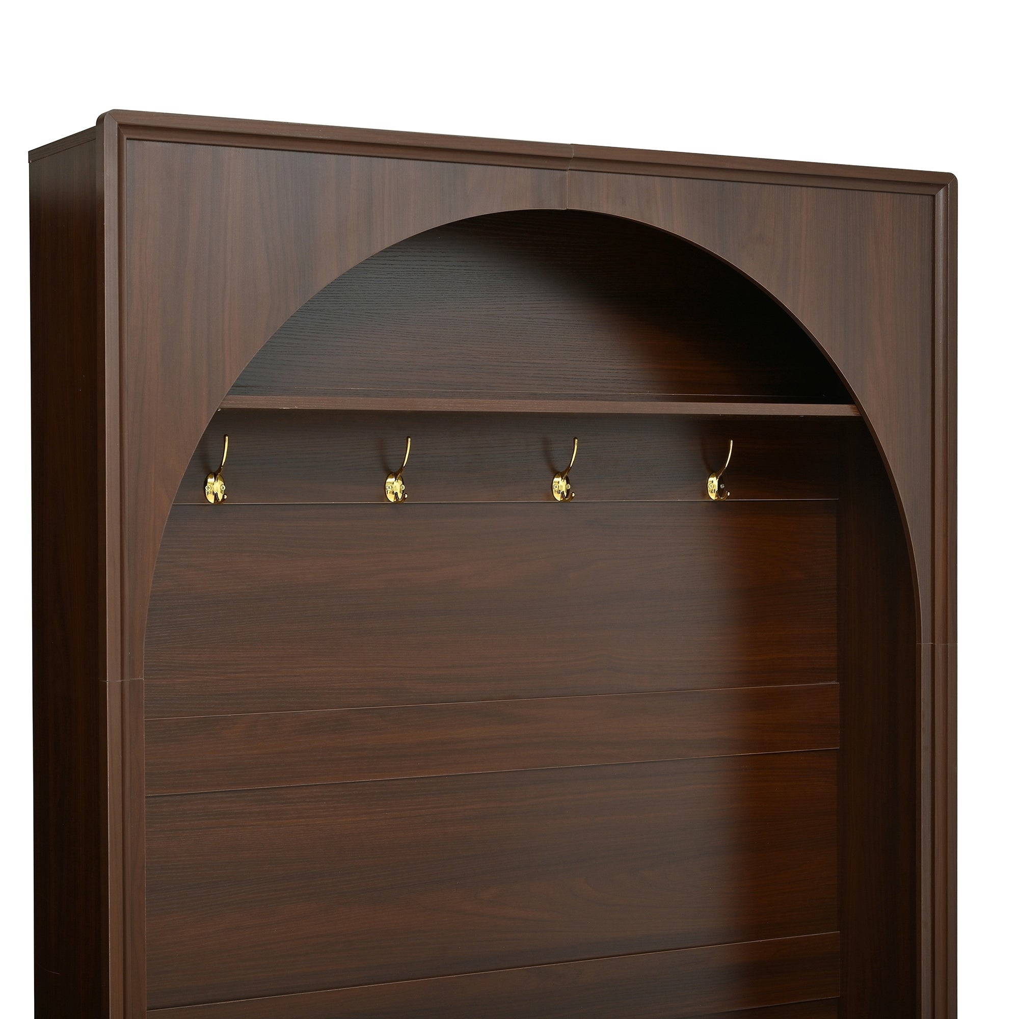 ON-TREND Farmhouse All-in-One Hall Tree with Adjustable Shelves, Retro Arched Entryway Storage Bench with 3 Cabinets, Wooden Coat Rack Organizer with 4 Golden Hooks for Mudroom, Hallway, Walnut - Grand Goldman Shop