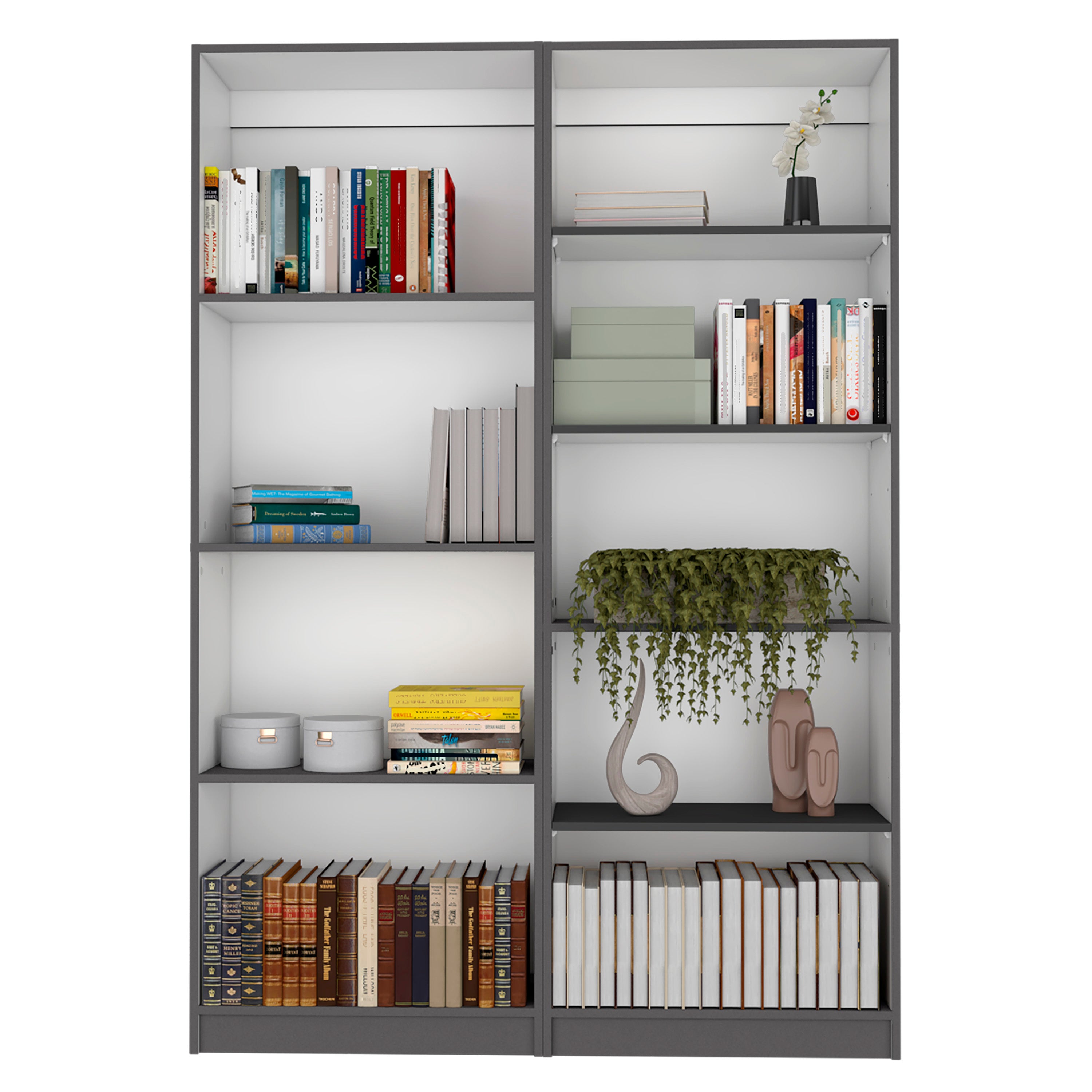 2 Piece Bookcase Living Room Set,  Storage Cabinet, 49' Wide and 9 Shelves Matt Gray / White - Grand Goldman