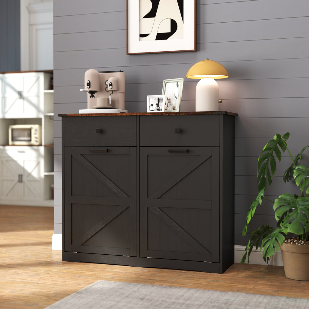 Farmhouse Black Double Tilt Out Trash Cabinet with Hideaway Drawer and Barn Door Style, Engineered Wood, 39.3''×13''×34.45'' - Grand Goldman Shop