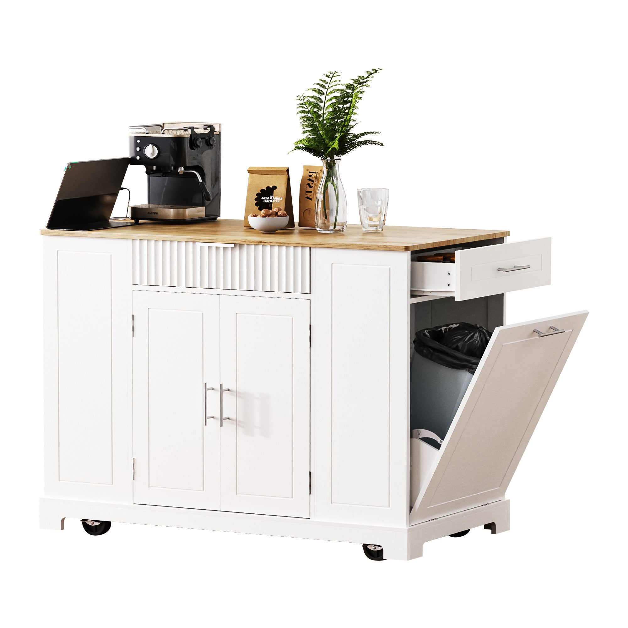 K&K Fluted Kitchen Island with Trash Can Storage Cabinet, Power Outlet, Internal Storage Rack, Rolling Kitchen Islands on 5 Wheels with 3 Drawer, 3 Open Side Racks for 10 Gallon Garbage Bin, White - Grand Goldman Shop