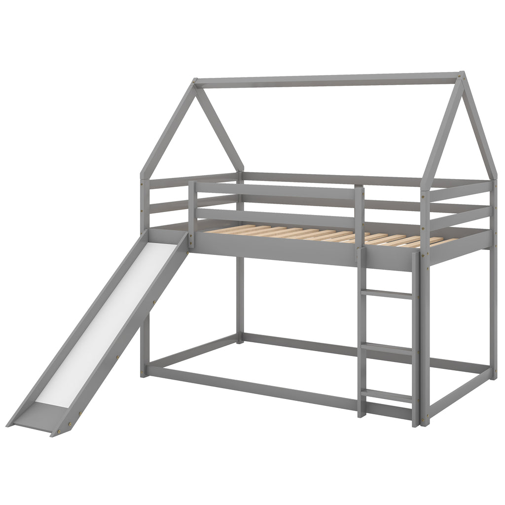 Gray House-Shape Twin Over Twin Bunk Bed with Slide and Ladder, Pine Wood and MDF, 77.4''L x 41.7''W x 70.9''H - Grand Goldman Shop