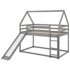 Gray House-Shape Twin Over Twin Bunk Bed with Slide and Ladder, Pine Wood and MDF, 77.4''L x 41.7''W x 70.9''H - Grand Goldman Shop