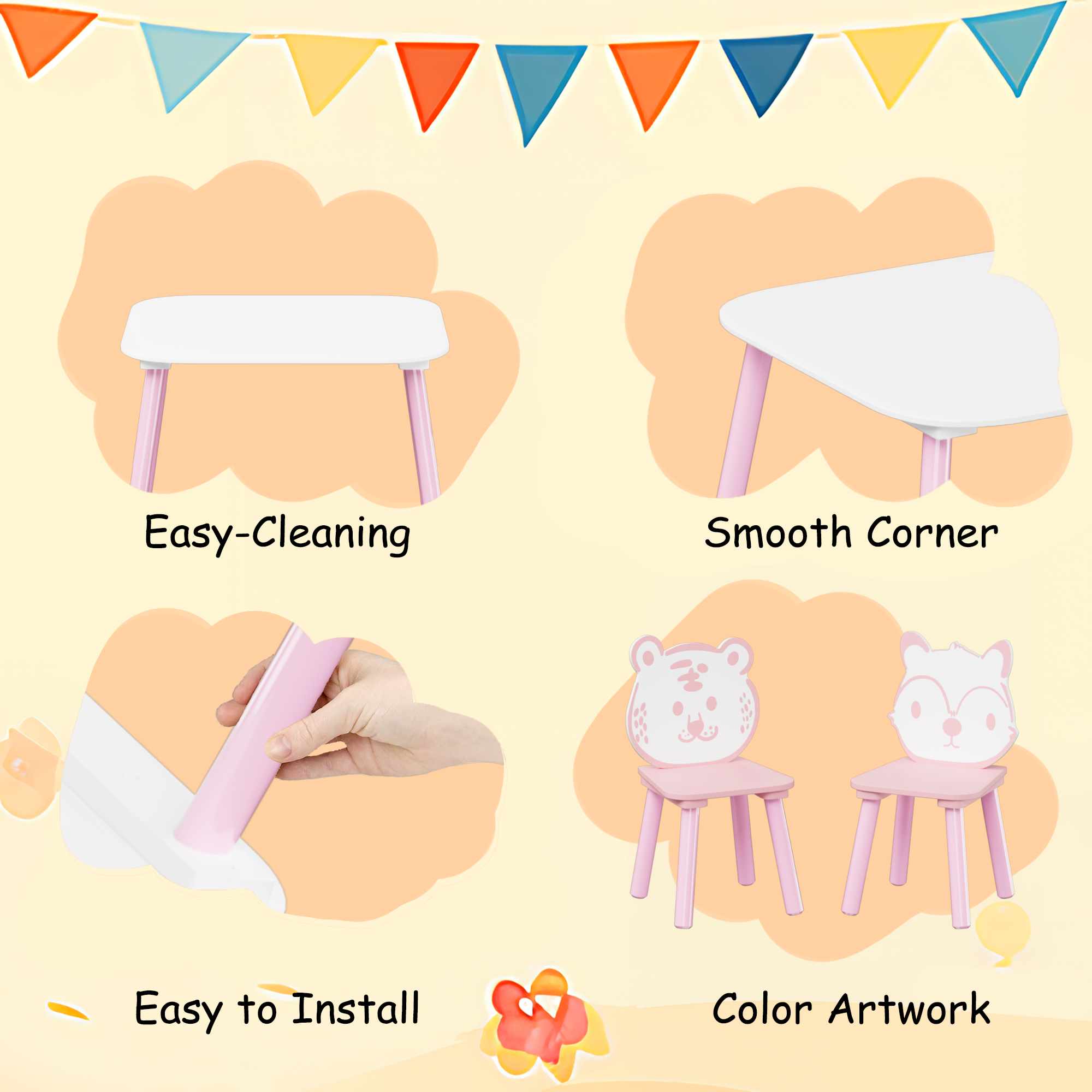 Kids Table and Chair Set, 3-Piece Wooden Toddler Desk with Animal Backrest, Activity Table for Drawing, Learning,Playroom or 