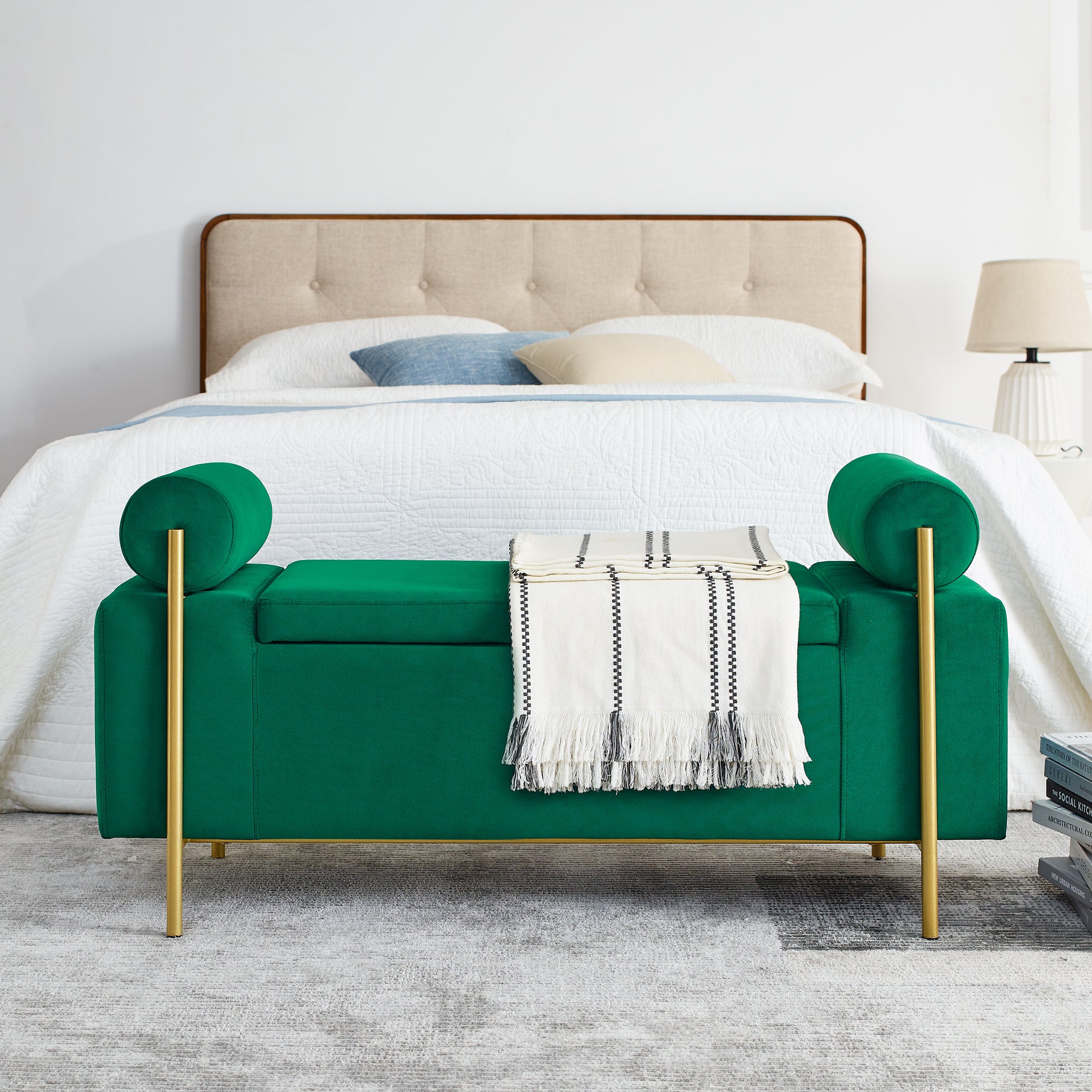 Elegant Upholstered Velvet Storage Bench with Cylindrical Arms and Iron Legs, Green - Grand Goldman Shop