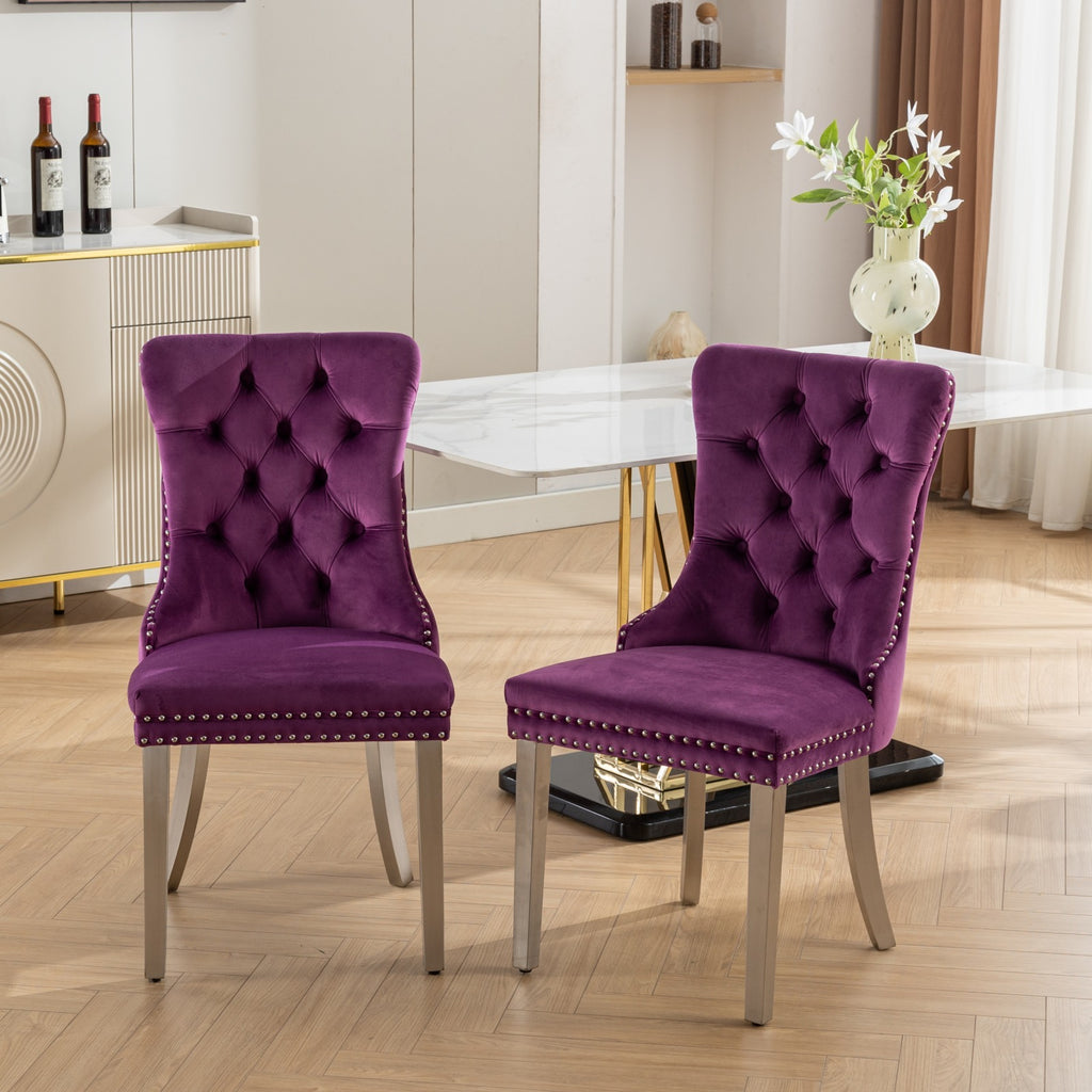 Nikki Collection Modern, High-end Tufted Solid Wood Contemporary Velvet Upholstered Dining Chair with Chrome Stainless Steel Plating Legs,Nailhead Trim,Set of 2,Purple and Chrome, SW1701PP - Grand Goldman Shop