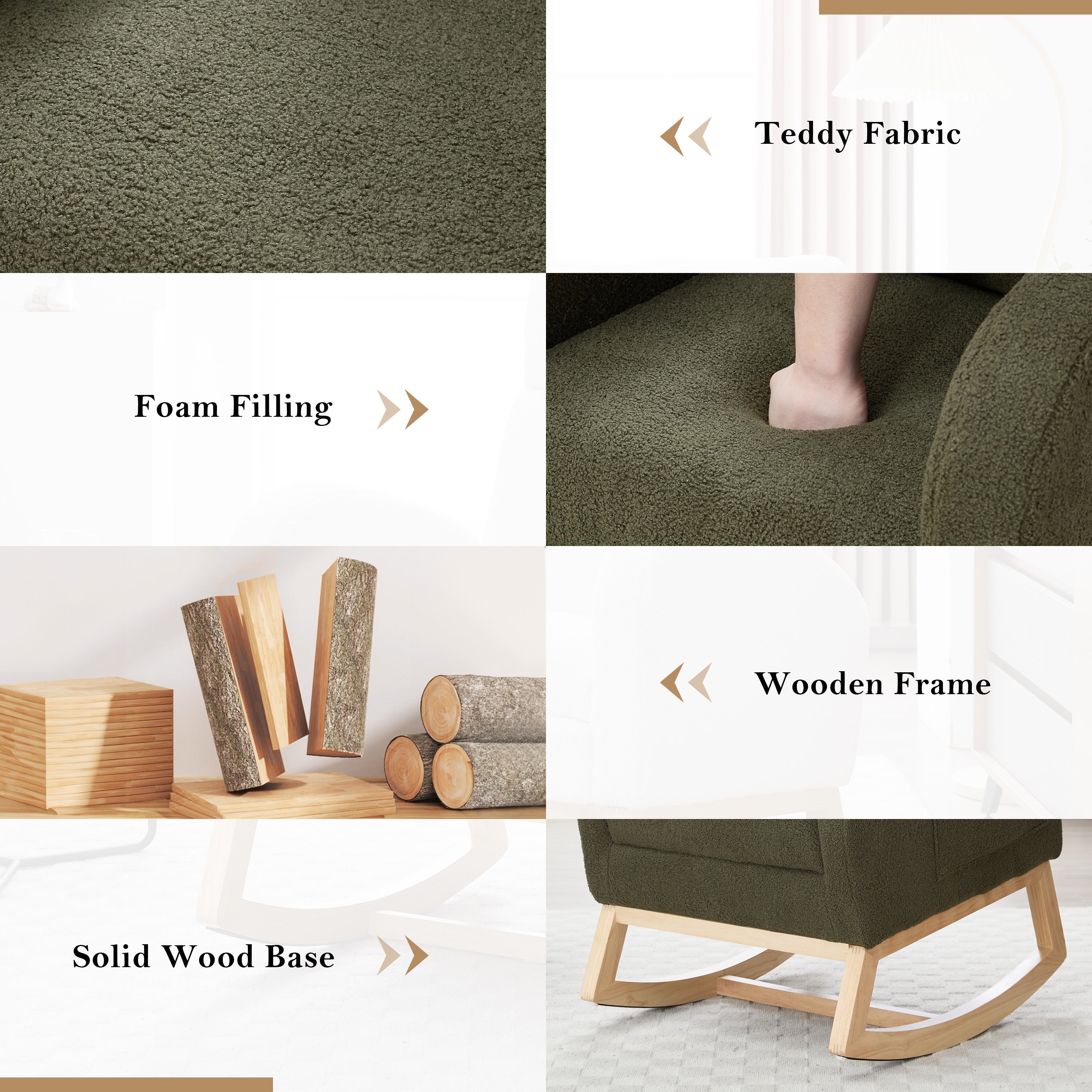 015B-Teddy Fabric Leisure Rocking Chair,Nursery Rocking Chair With Adjustable Footstool,Thickened Headrest And High Backrest, Storage Pocket On The Right Side,The Base Rocker Is Solid Wood,Green - Grand Goldman Shop