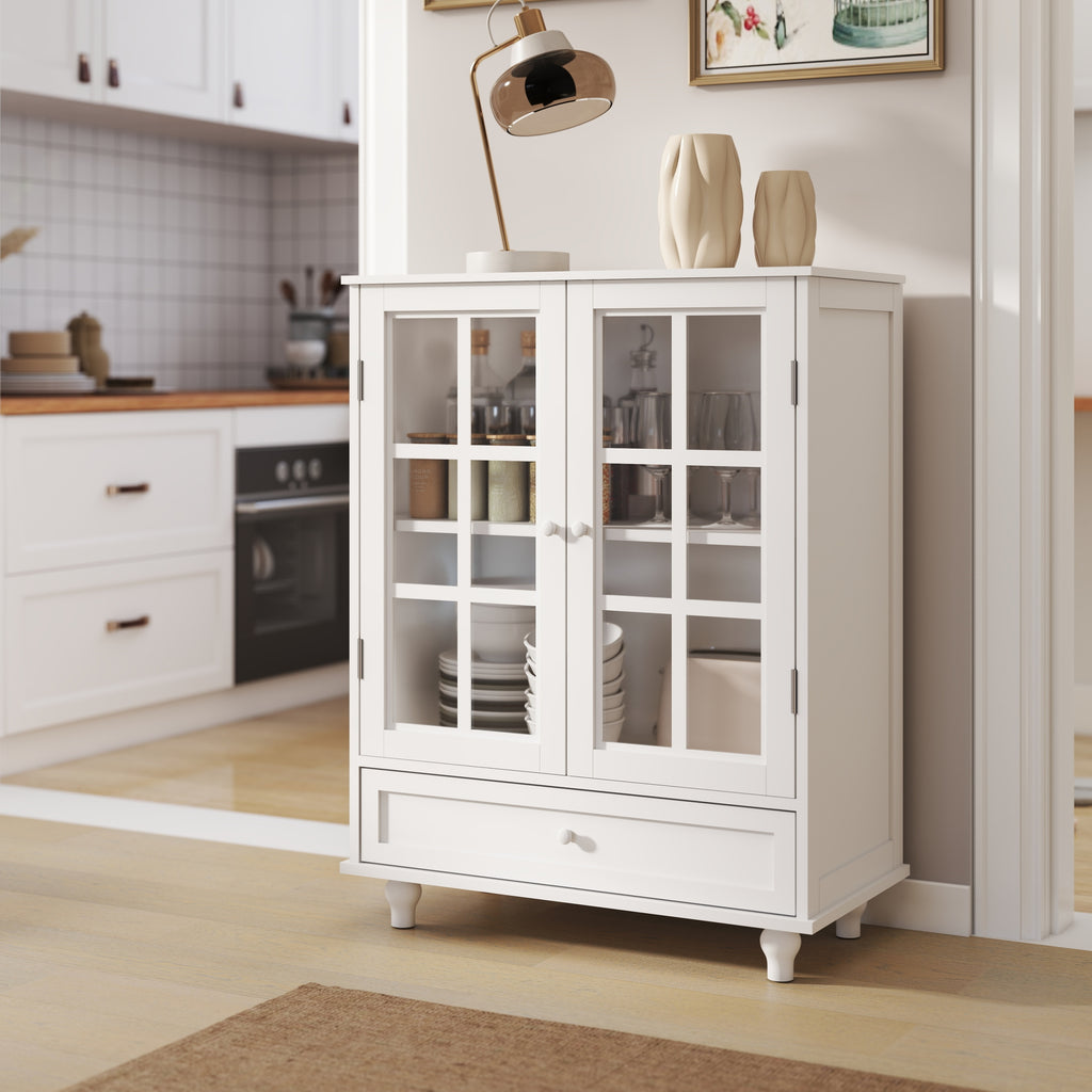Minimalist White Buffet Cabinet with Double Glass Doors and Drawer, Modern Wooden Storage Sideboard Cupboard for Living room, Dining Room Hallway Entryway - Grand Goldman Shop