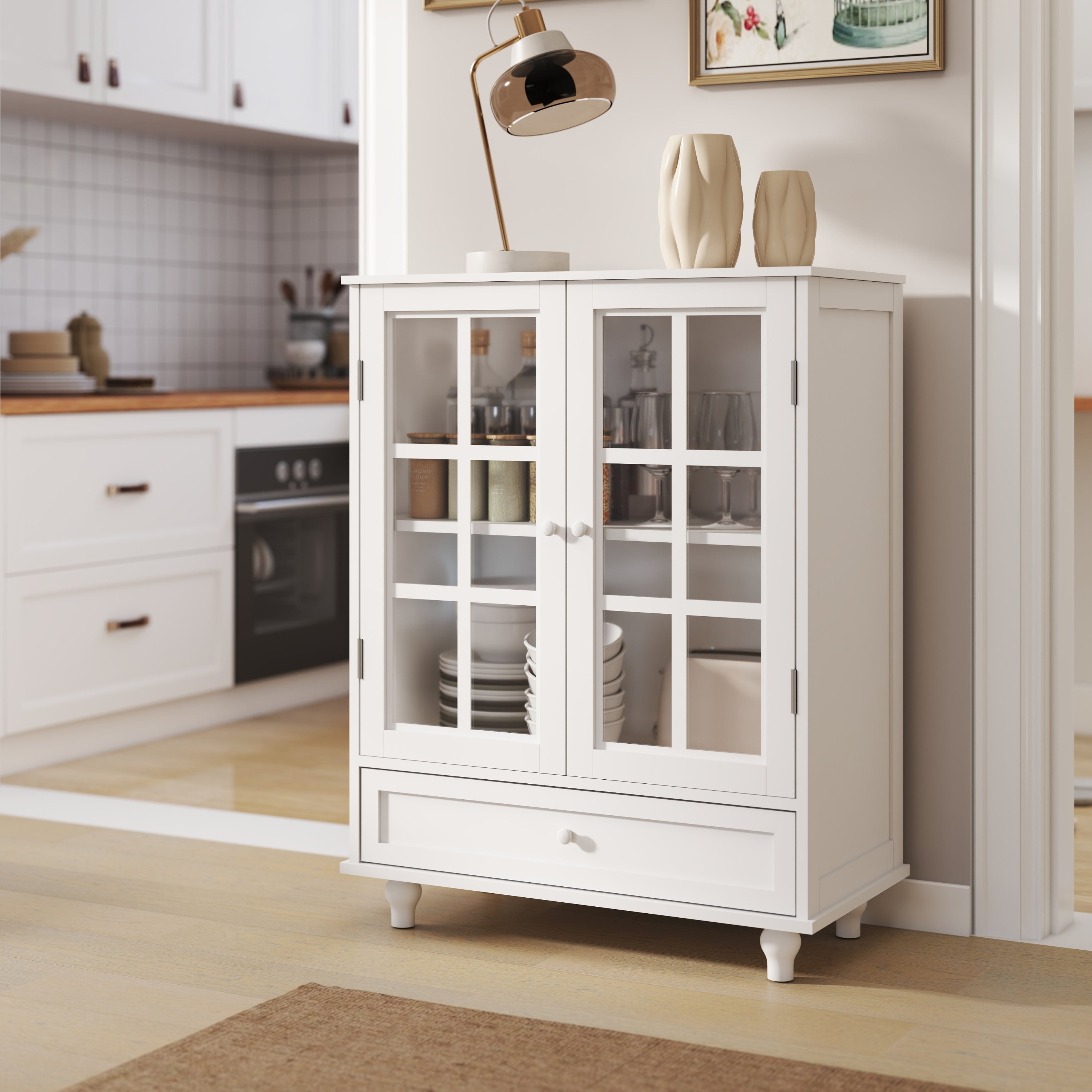 Minimalist White Buffet Cabinet with Double Glass Doors and Drawer, Modern Wooden Storage Sideboard Cupboard for Living room, Dining Room Hallway Entryway - Grand Goldman Shop