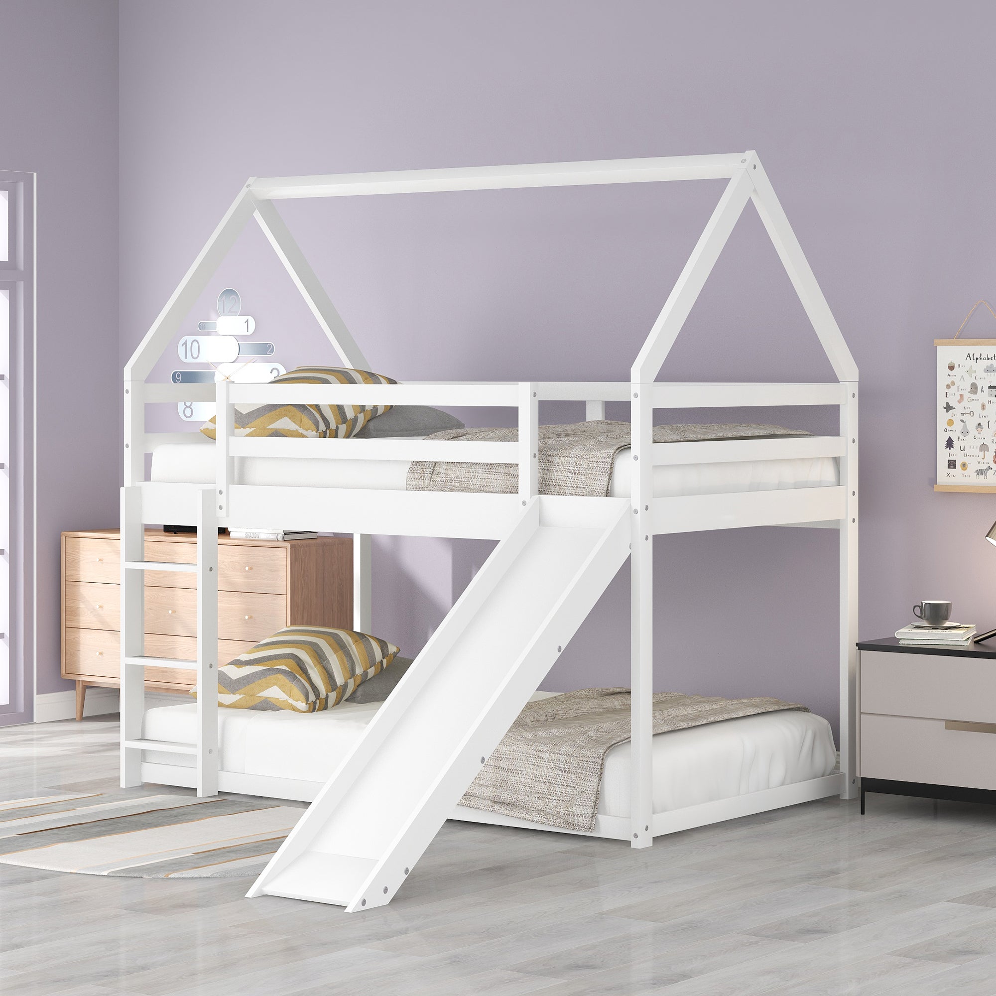 Twin Bunk House Bed with Slide and Ladder, White - Grand Goldman Shop