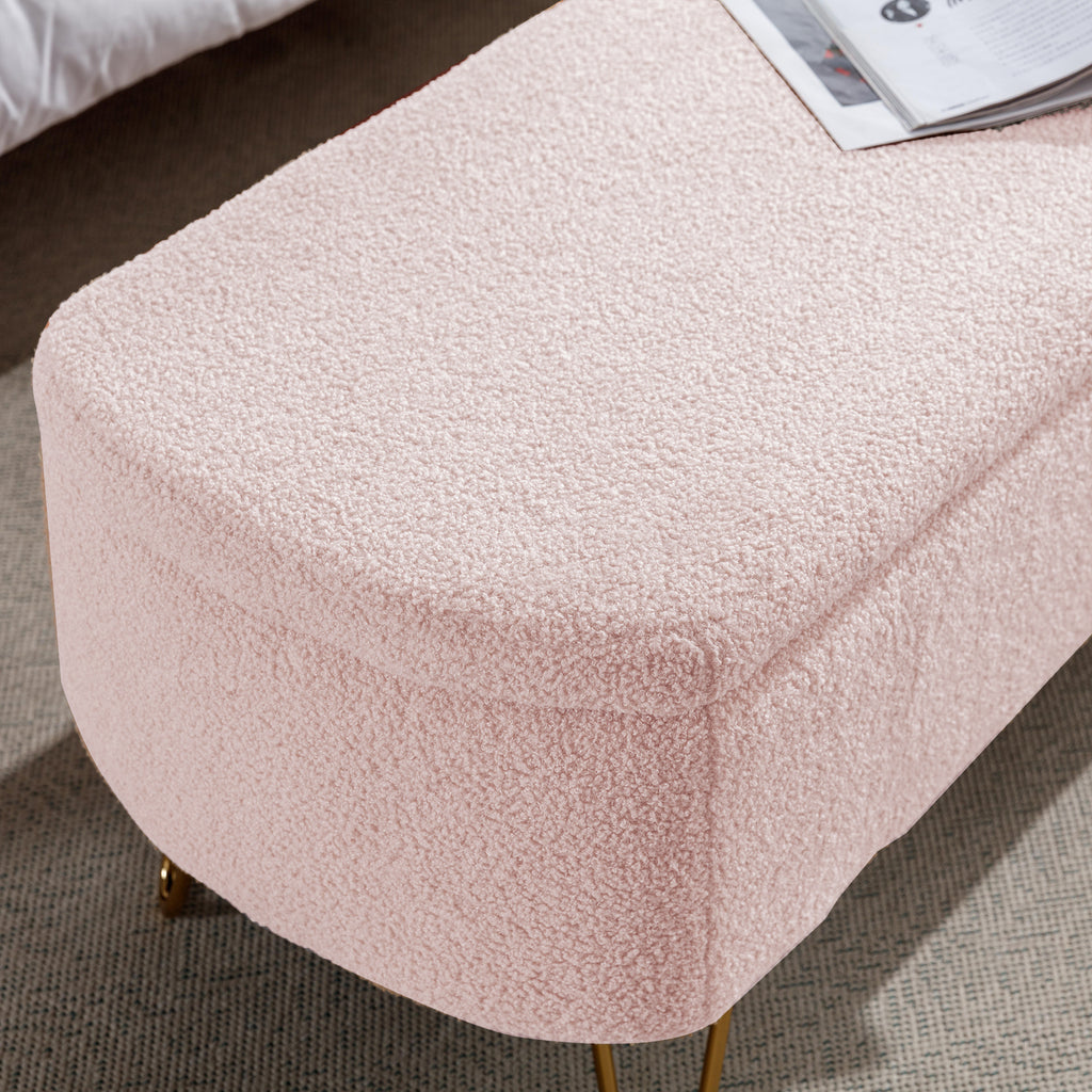 Pink Storage Ottoman Bench for End of Bed Gold Legs, Modern Grey Faux Fur Entryway Bench Upholstered Padded with Storage for Living Room Bedroom - Grand Goldman Shop