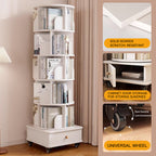 Rotating Bookshelf with Drawer, 360 Display 6 Tier Corner Bookshelf for Small Space, Floor Standing Bookcase Storage Rack, Wood Narrow Organizer for Bedroom, Living Room (WHITE) - Grand Goldman Shop