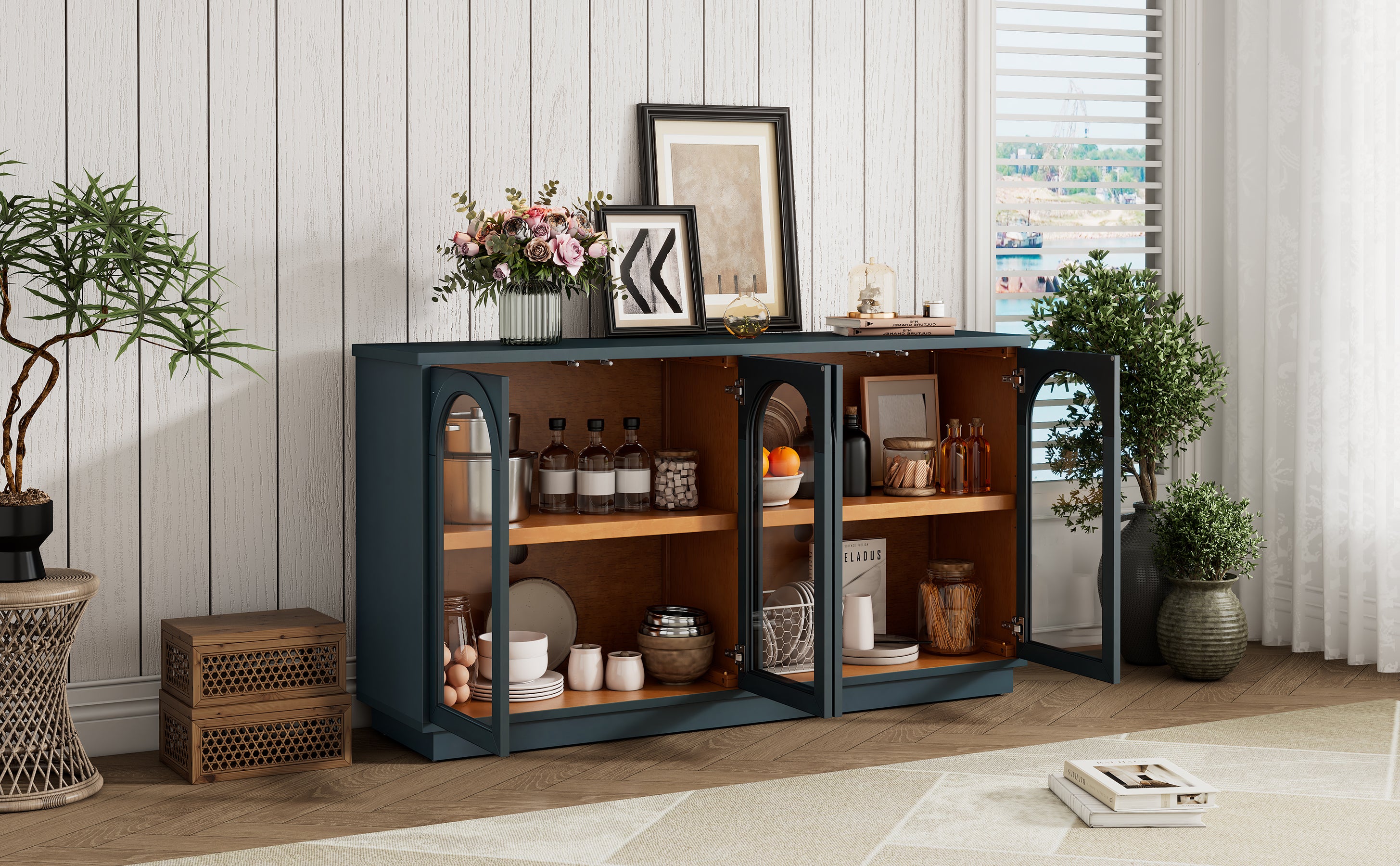 TREXM 4-Door Large Storage Buffet Cabinet with Glass Doors, Arched Cabinet with Adjustable Shelves for Kitchen, Dining Room and Living Room (Navy) - Grand Goldman Shop