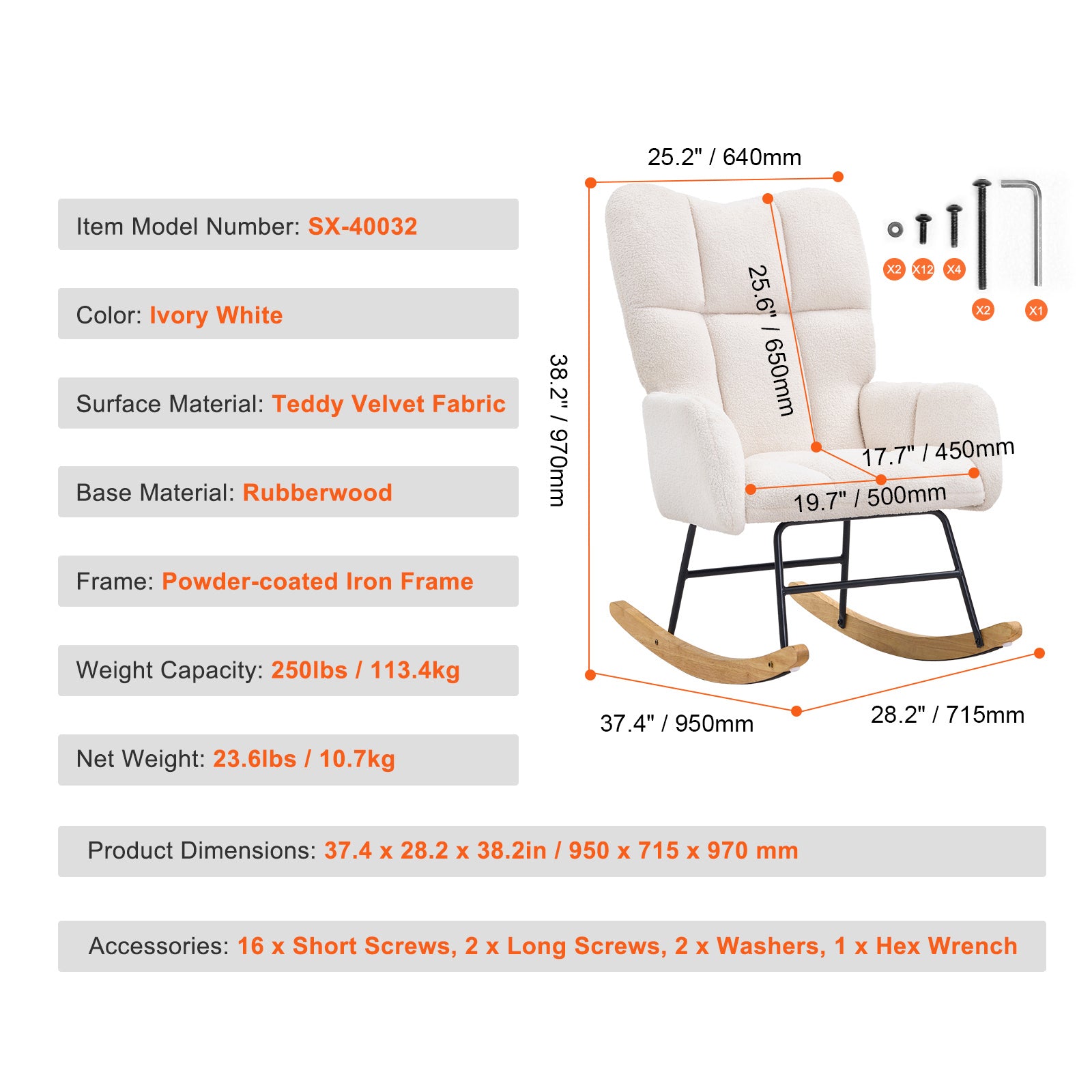 Rocking Chair Nursery, Glider Rocking Chair with Soft Seat and High Backrest, 250 lbs Weight Capacity Teddy Fabric, Upholstered Glider Rocker Chair for Nursery, Bedroom, Living Room, Ivory White - Grand Goldman Shop