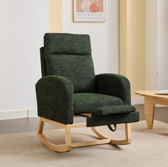 Modern Accent Rocking Chair Rocking Chair with Solid Wood Legs, Upholstered Nursery Glider Rocker, Comfy Armchair with Side Pocket, Living Room Lounge Arm Chair with High Backrest fabric - Grand Goldman Shop