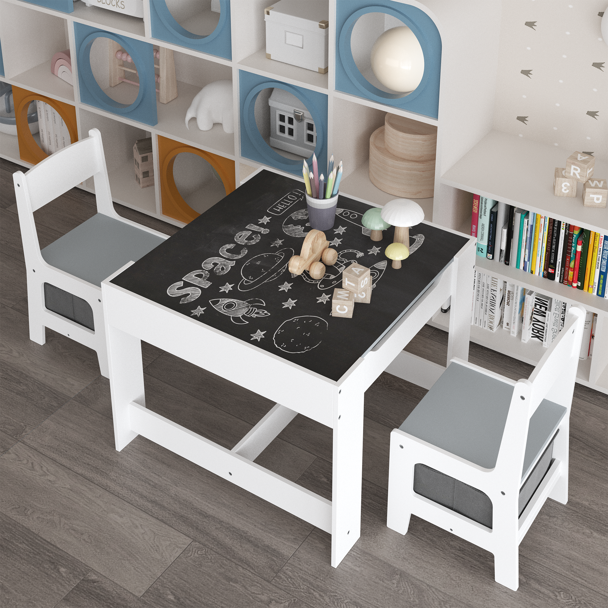 Kids Table and Chair Set, 3 in 1 Wooden Activity Table with Storage Drawer for Toddlers Drawing, Reading, Crafts, 2 in 1 Deta