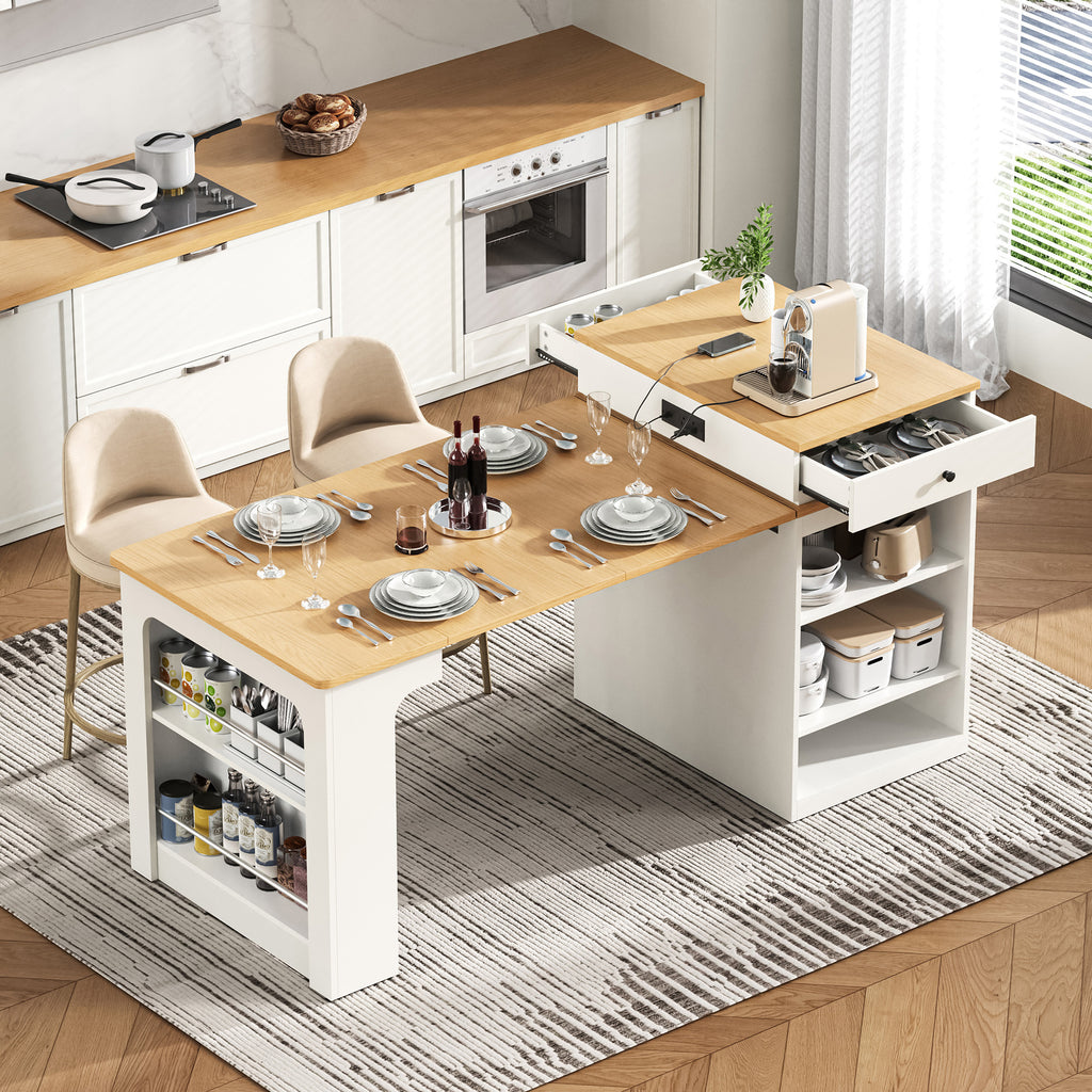 K&K 59.5' Kitchen Island with Extendable Dining Table, Kitchen Storage Table with Double-sided Storage, Kitchen Island with 2 Drawers, Power Outlet, Side Open Shelves, for Kitchen, Dining Room, White - Grand Goldman Shop