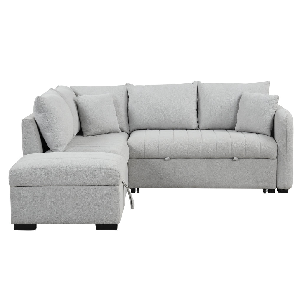 Modern L-shaped Sectional Pull Out Sofa Bed with USB Ports & Storage Ottoman, Gray Jacquard Fabric, 82.6' - Grand Goldman Shop