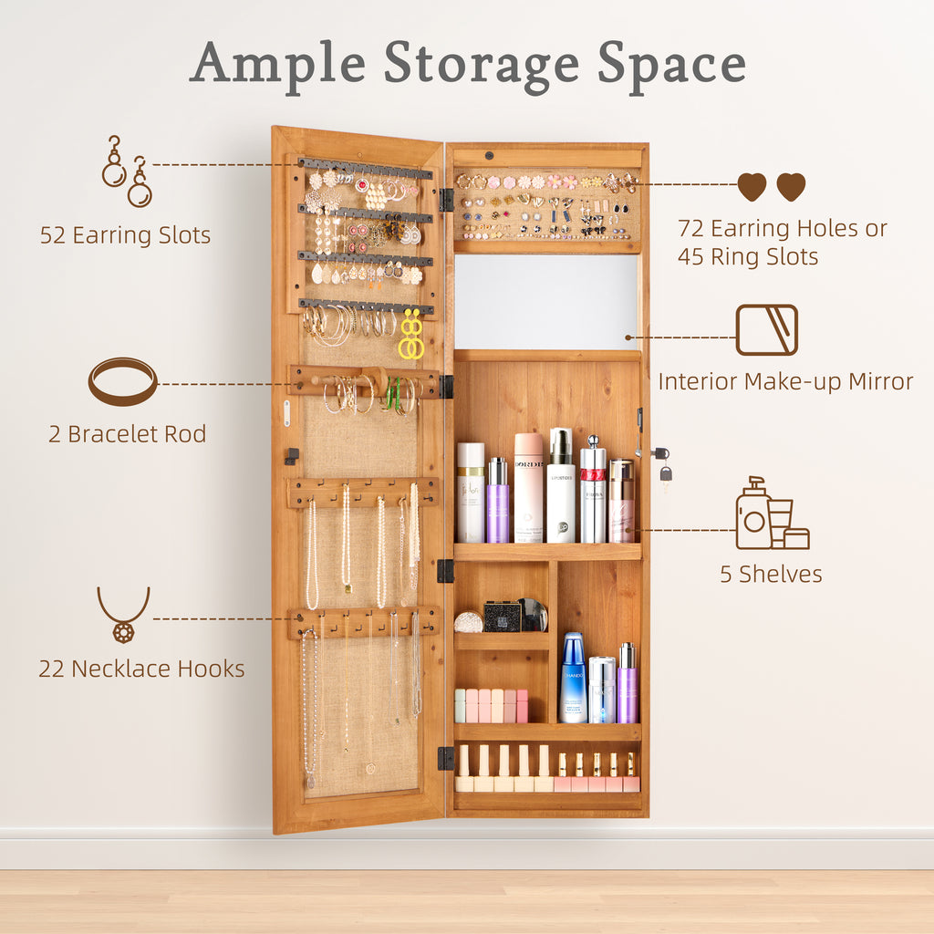 Solid Wood Jewelry Armoire Organizer Cabinet with Full-Length Mirror, Light Brown, 47.5x14.3 in Wall-Mounted Lockable with LED Light - Grand Goldman Shop