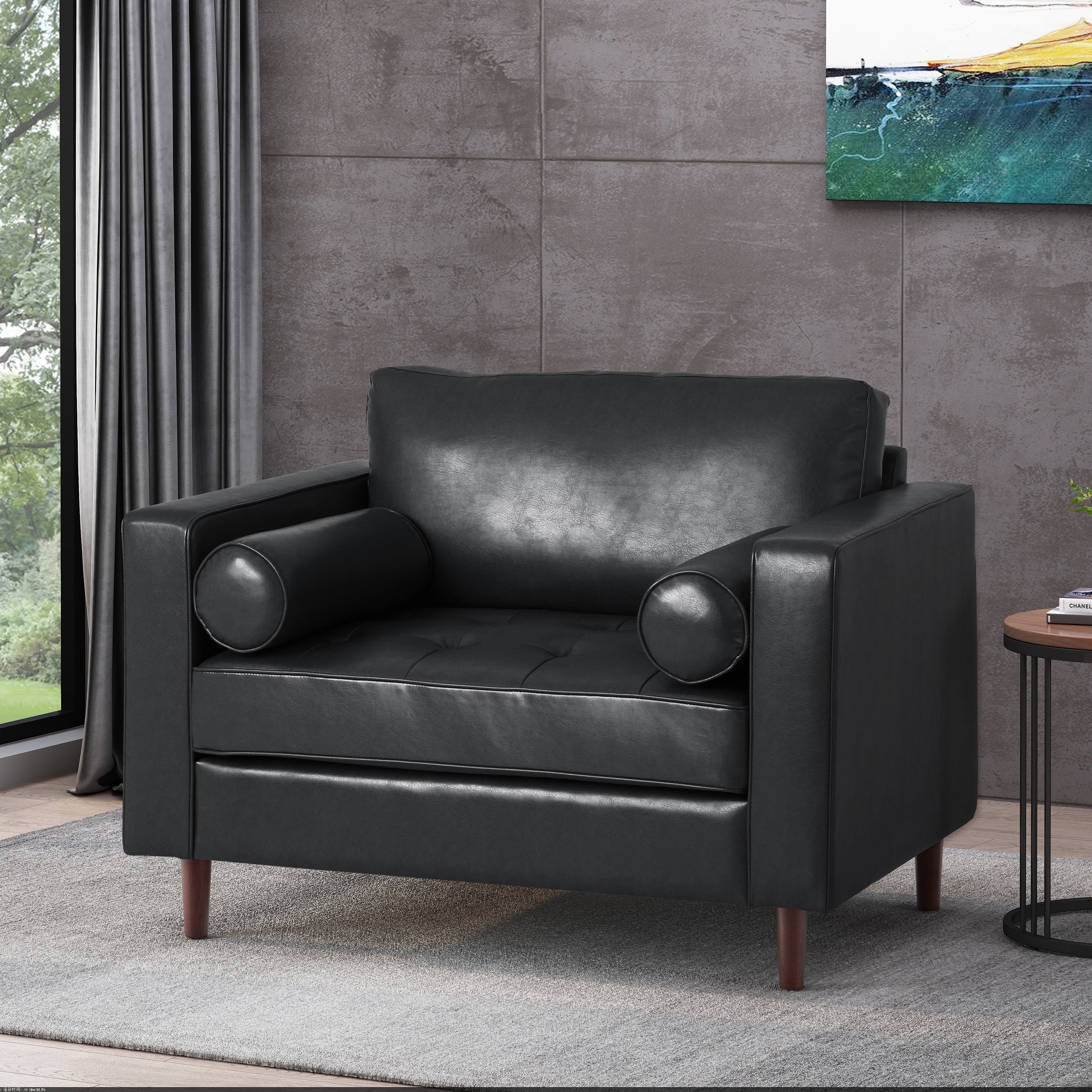 Sophisticated Faux Leather Club Chair with Birch Wood Legs in Black, 44.75 x 33.25 x 33.50 inches - Grand Goldman Shop