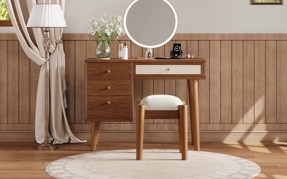 39' Retro Bohemian Style Wooden Makeup Vanity Set with Charging Plug&USB Port and Stool, Dressing Table with 3 Storage Drawers and 1 Rectangular Rattan Drawer, Walnut - Grand Goldman Shop