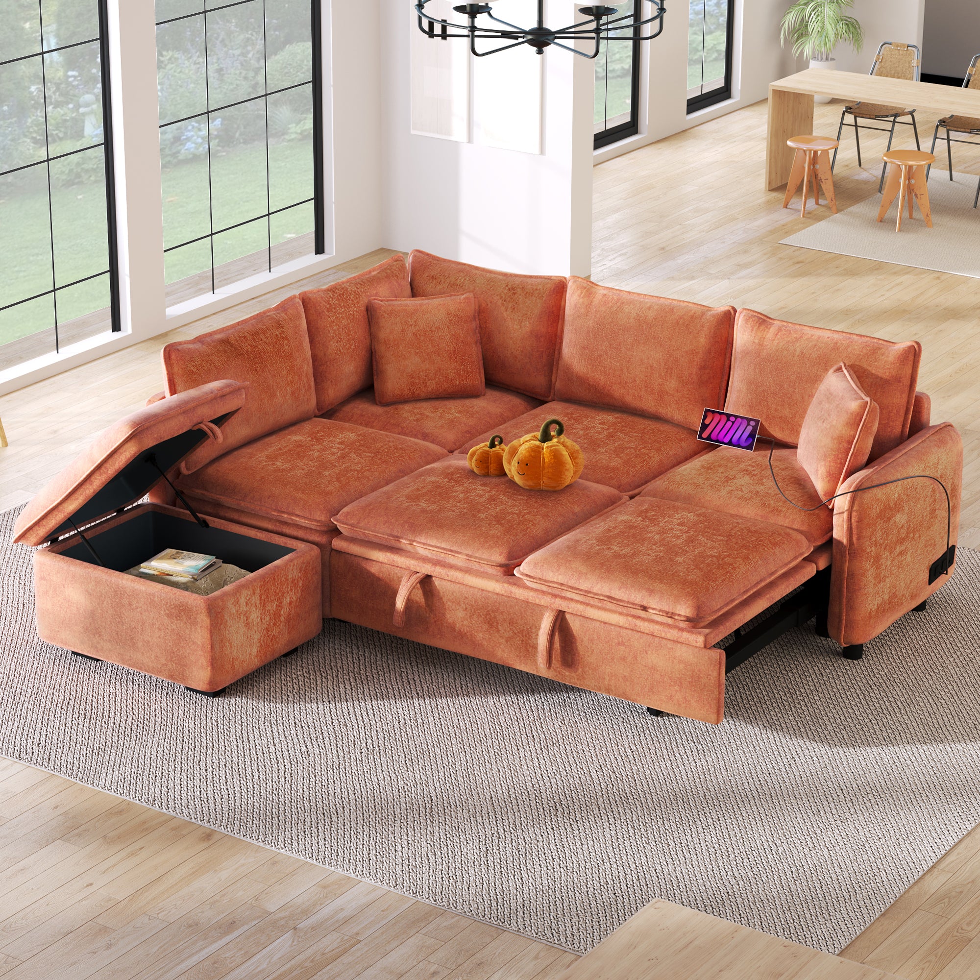 Convertible L-shaped Sofa Bed with Storage Ottoman, Power Sockets & USB Ports, Orange Chenille, 82.67' - Grand Goldman Shop