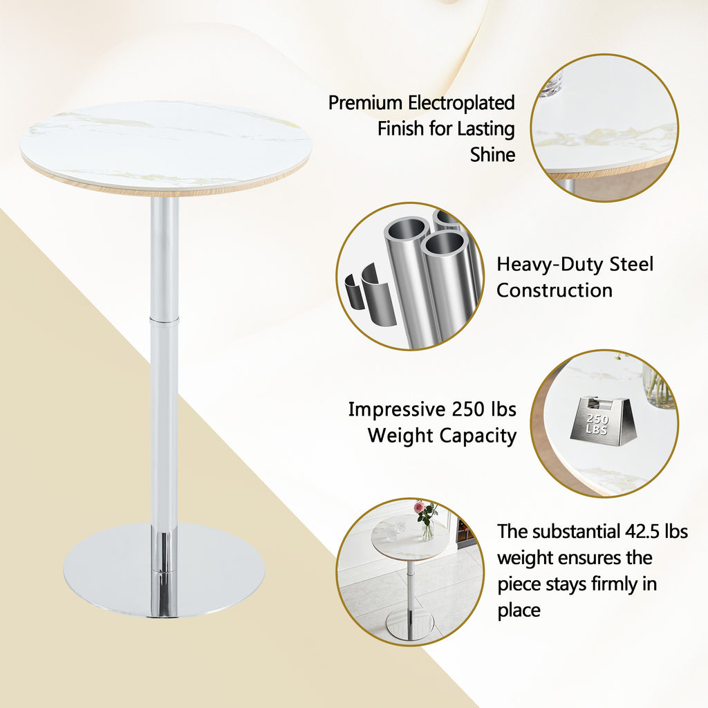 Rock slab circular tabletop non adjustable (39 inches high) bar table, bar table with silver legs and base (white) - Grand Goldman Shop