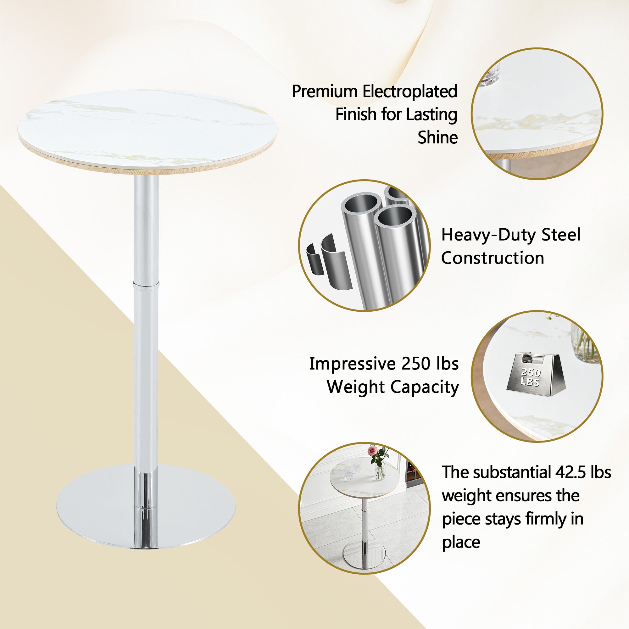 Rock slab circular tabletop non adjustable (39 inches high) bar table, bar table with silver legs and base (white) - Grand Goldman Shop