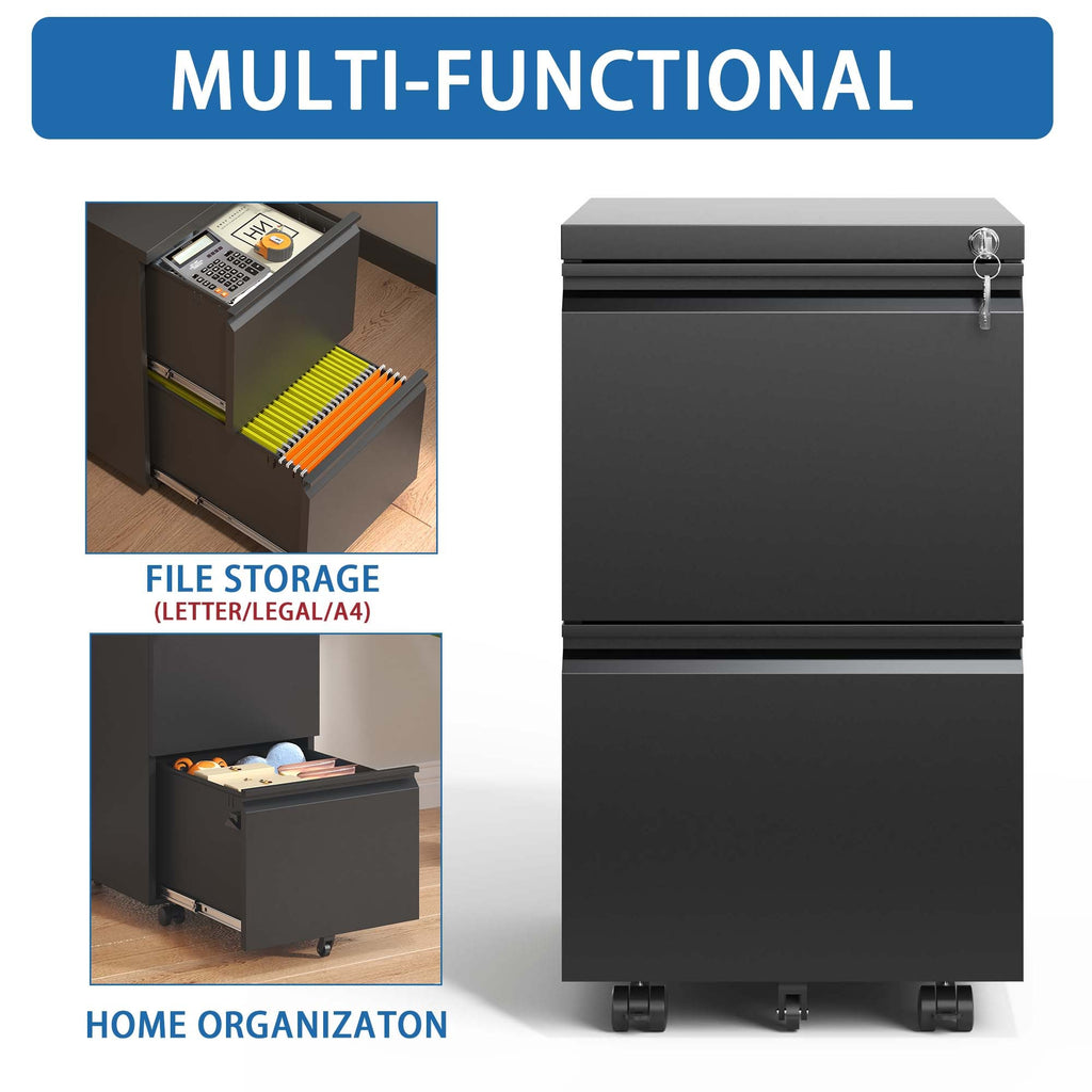 Sleek Modern 2 Drawer Metal Mobile File Cabinet with Lock, Black, Compact Size - Grand Goldman