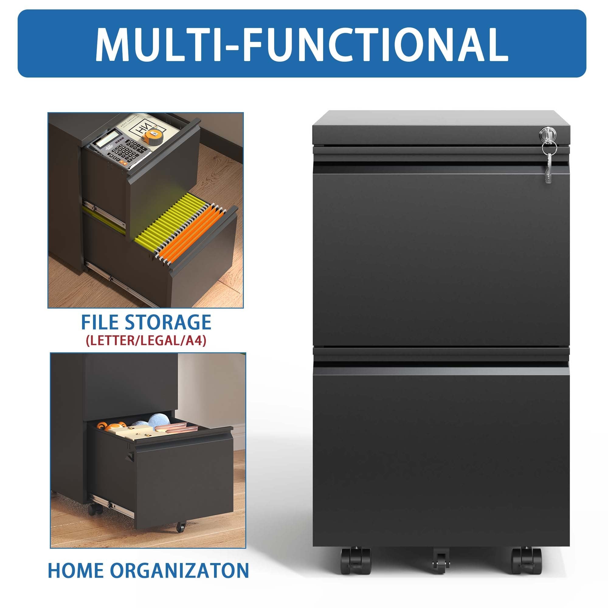 Sleek Modern 2 Drawer Metal Mobile File Cabinet with Lock, Black, Compact Size - Grand Goldman