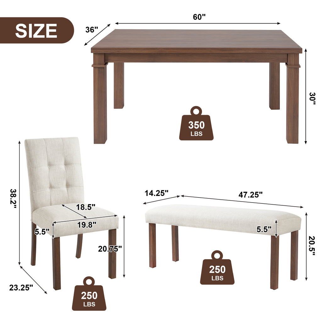 6-Piece Modern Dining Set, Rectangle Kitchen Table with 4 Upholstered Chairs & Bench, Ideal for Dining Room and Living Room, (Easy Assembly, Space Saving) - Grand Goldman Shop