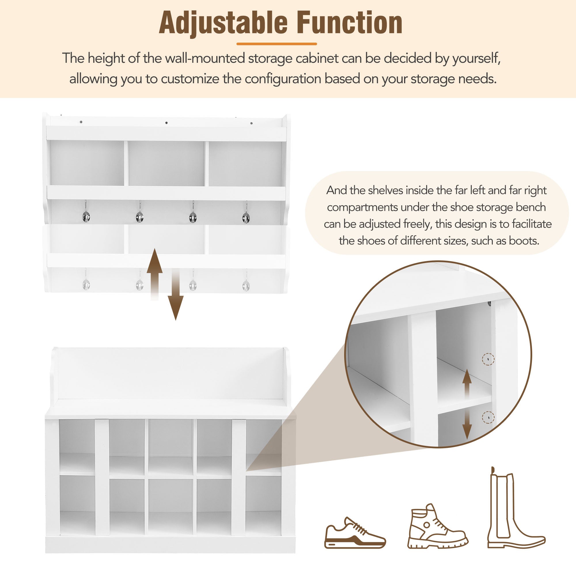 ON-TREND Shoe Storage Bench with Shelves and 4 Hooks, Elegant Hall Tree with Wall Mounted Coat Rack, Entryway Organizer For Hallway, Foyer, Mudroom, White - Grand Goldman Shop