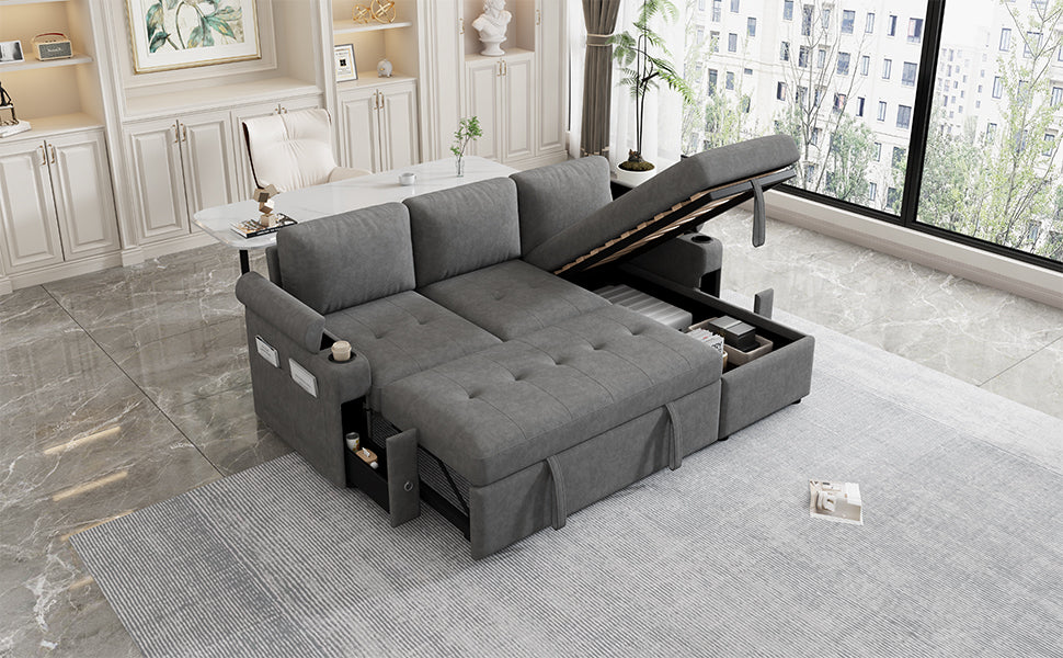 Modern L-shaped Convertible Sofa Bed with Storage, Cup Holders, USB Ports, Gray Chenille, 83.5' - Grand Goldman Shop