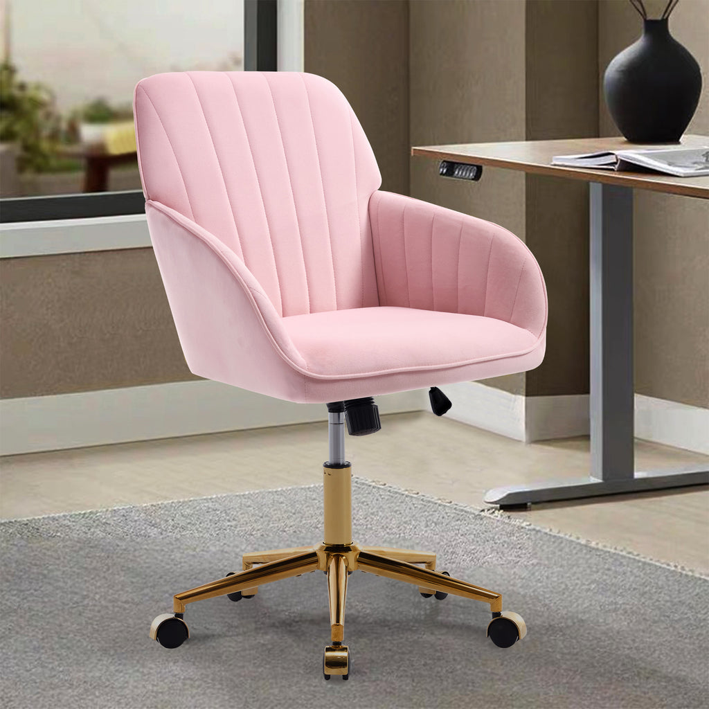 TY Ergonomic Office Chair, Baby Pink Velvet Adjustable Swivel Chair with Lumbar Support for Home Bedroom, Comfortable for Lon