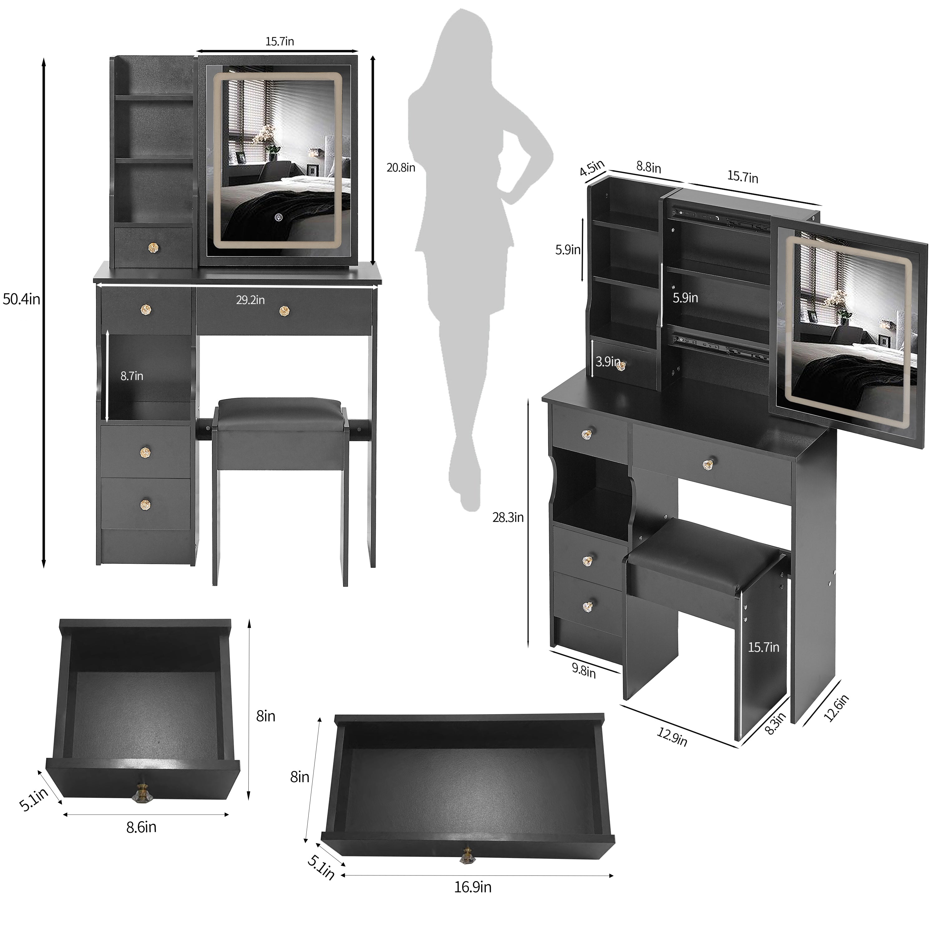 29.2' Small Size Desktop LED Light Vanity Table + Cushioned Stool, Large Sliding, Touch Control, Tri-color Switching, Brightness Adjust LED Mirror, High Capacity Storage, EPA, GCC, UL Certificate - Grand Goldman Shop