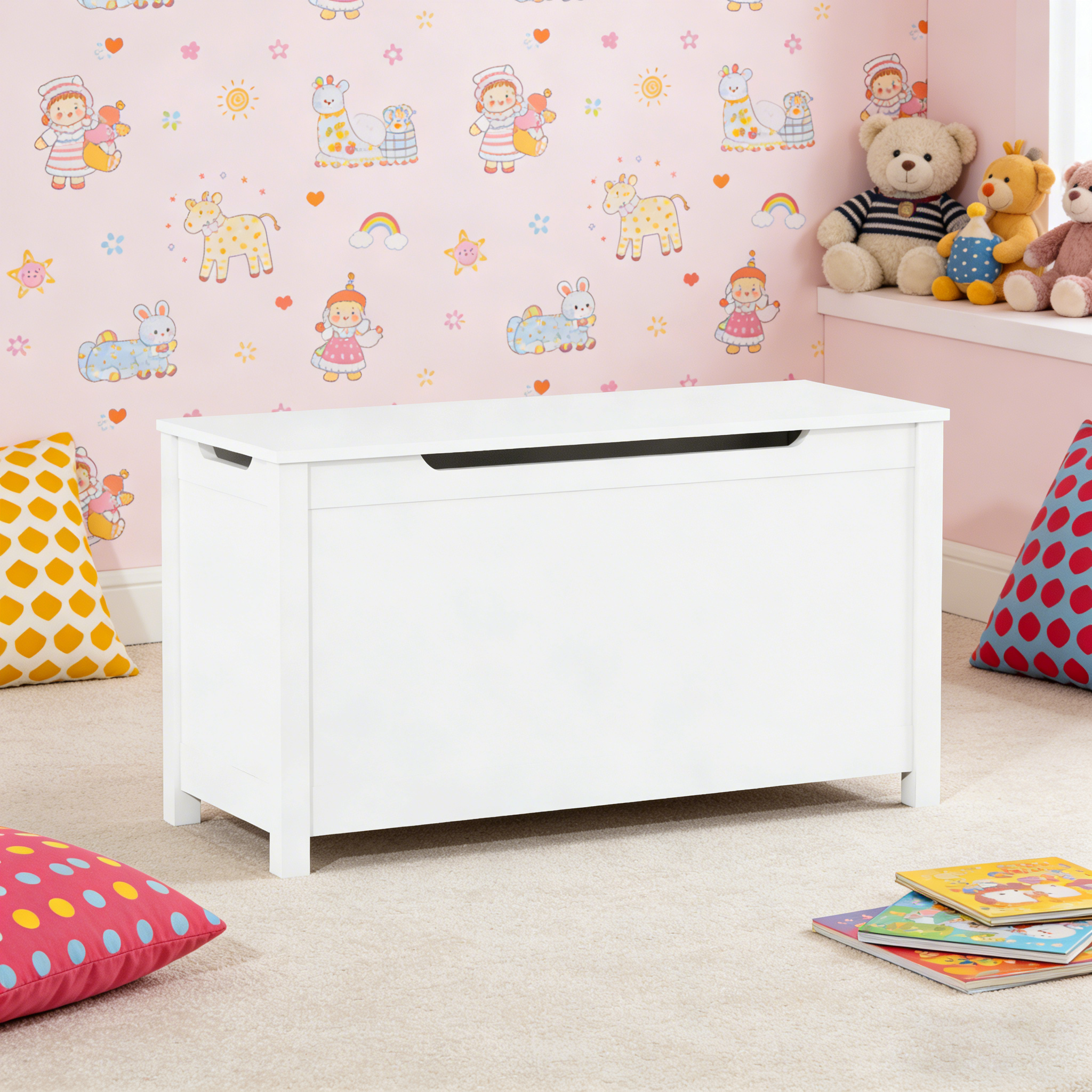 Kids Wooden Toy Box Storage with Safety Hinged Lid for Ages 2+ (White) - Grand Goldman