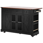 K&K 53'' Farmhouse Kitchen Island with Two Tempered Glass Cabinet Doors, Power Outlet, Rolling Kitchen Cart on Wheels with Drop Leaf, 5 Open Side Racks, 3 Drawers, for Kitchen, Dining Room, Black - Grand Goldman Shop