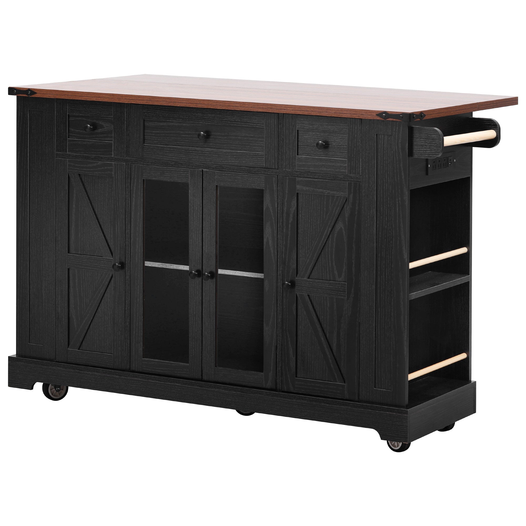 K&K 53'' Farmhouse Kitchen Island with Two Tempered Glass Cabinet Doors, Power Outlet, Rolling Kitchen Cart on Wheels with Drop Leaf, 5 Open Side Racks, 3 Drawers, for Kitchen, Dining Room, Black - Grand Goldman Shop
