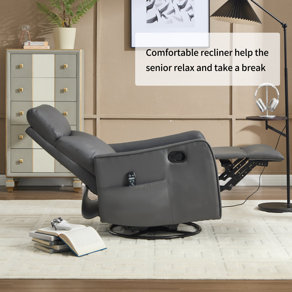 Grey Faux Leather Heat Massage Manual Recliner Chair with Rocker and Swivel for Living Room - Grand Goldman Shop