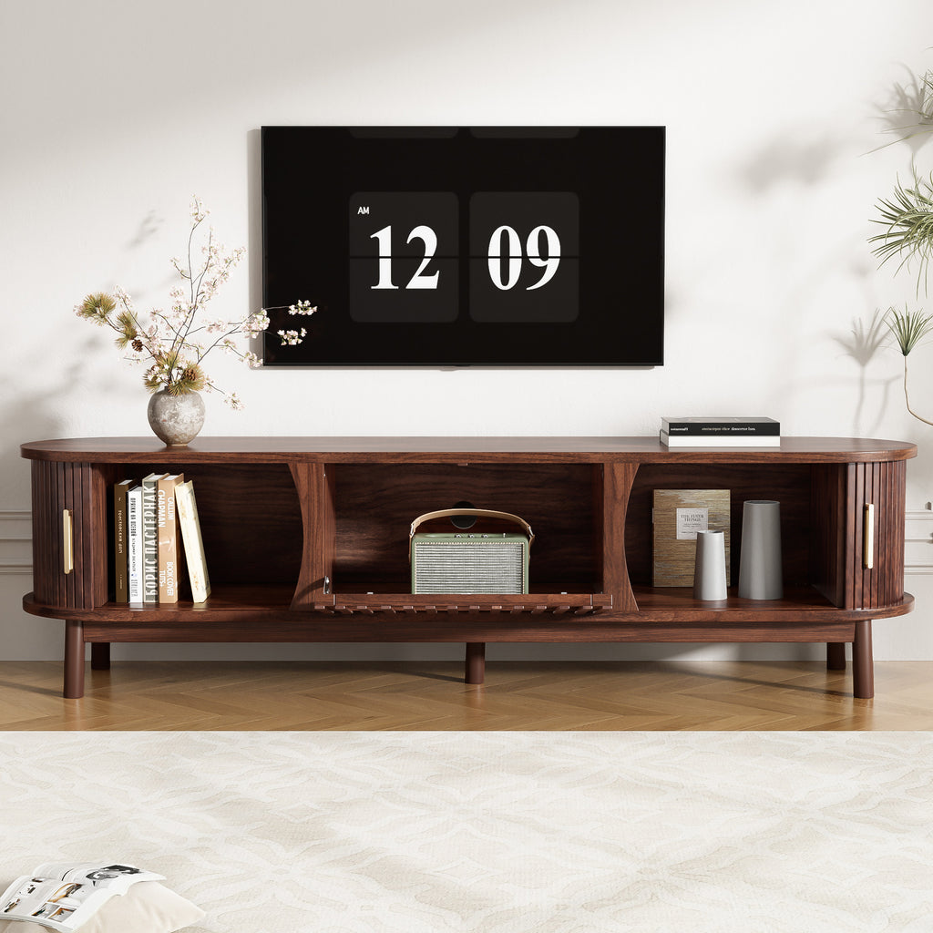 Modern Farmhouse TV Stand for 75' TVs, Wood Entertainment Center with Storage Cabinet, TV Console Table for Living Room, Bedroom in Dark Brown with Solid Wood Legs and MDF Construction - Grand Goldman Shop