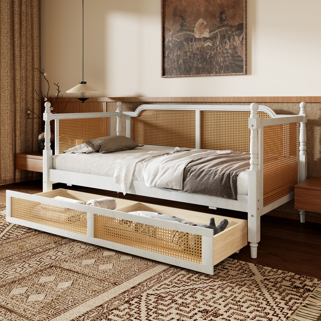 Traditional Style Rattan Twin Size Daybed with 2 Drawers, Antique White, Solid Pine Wood & MDF - Grand Goldman Shop