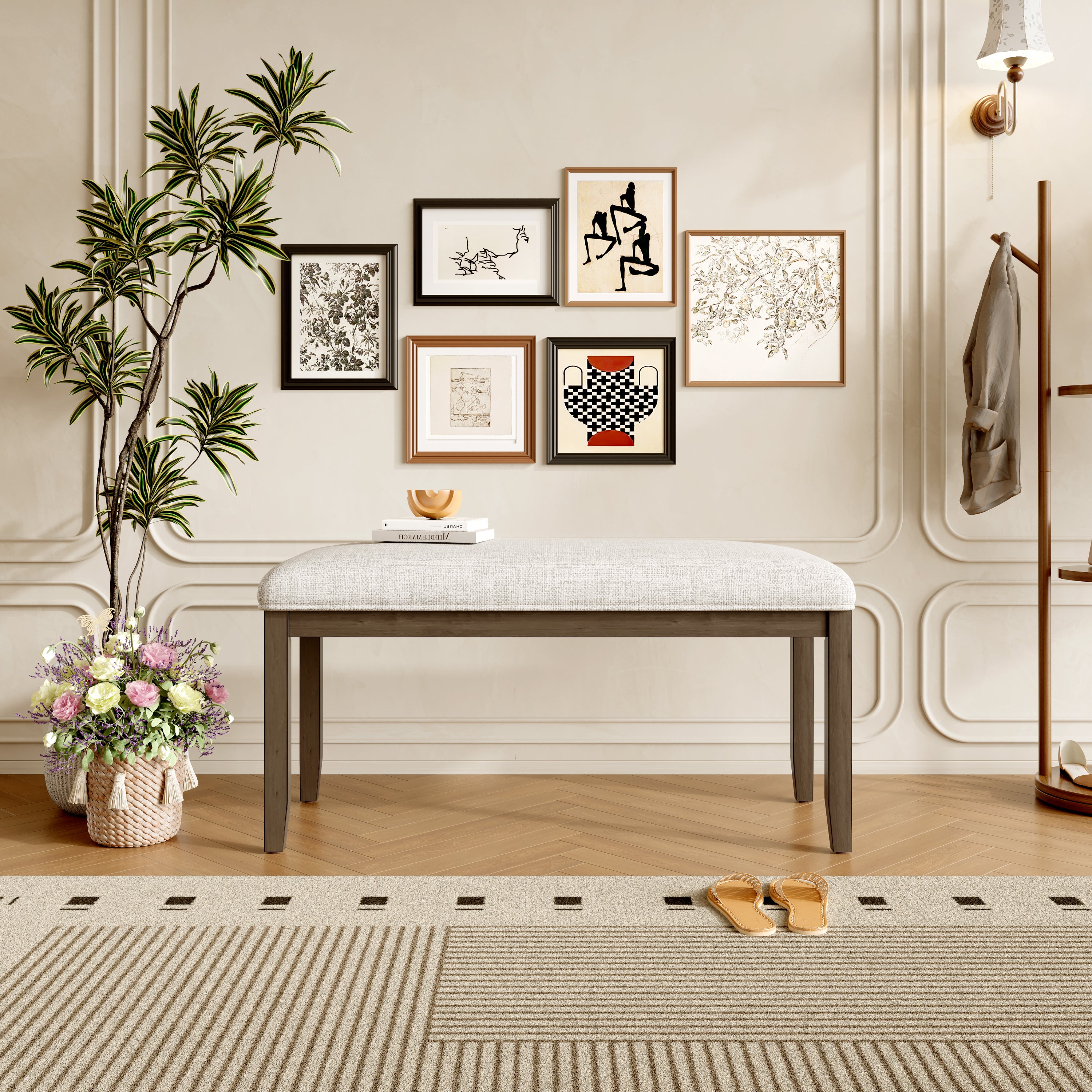 Upholstered Bench for Bedroom End of Bed,38-inch Entryway Bench for Living Room,Dining Bench with Padded Seat and Solid Wood Leg for Kitchen Bedroom,Indoor and Hallway (Bench, Beige+Brown) - Grand Goldman Shop