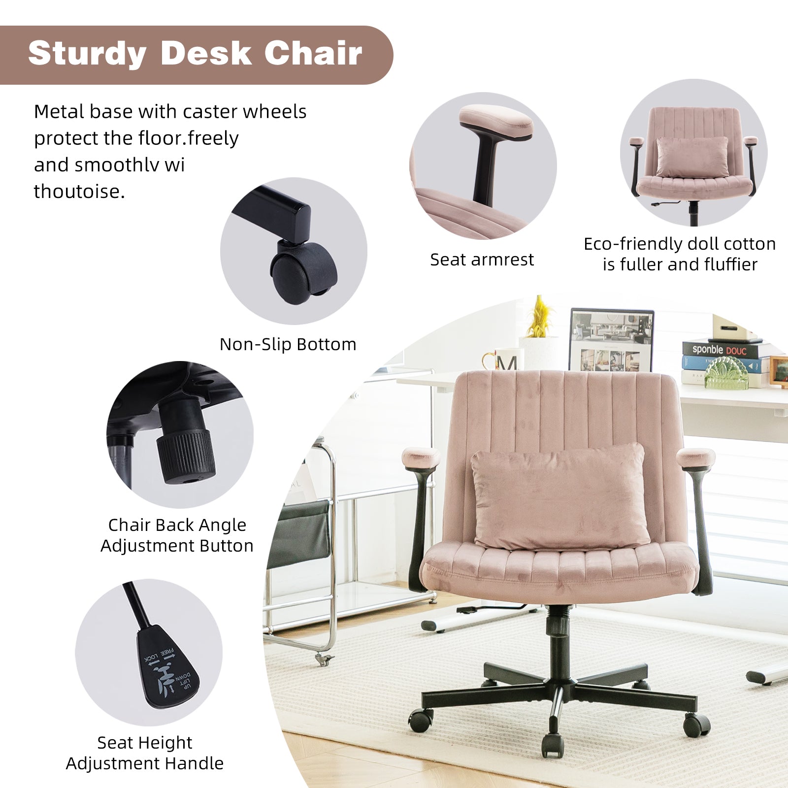 Pink Velvet Criss Cross Armrest Office Chair with Wheels - Comfortable for Home Office, Reading & Vanity | Premium Home Decor