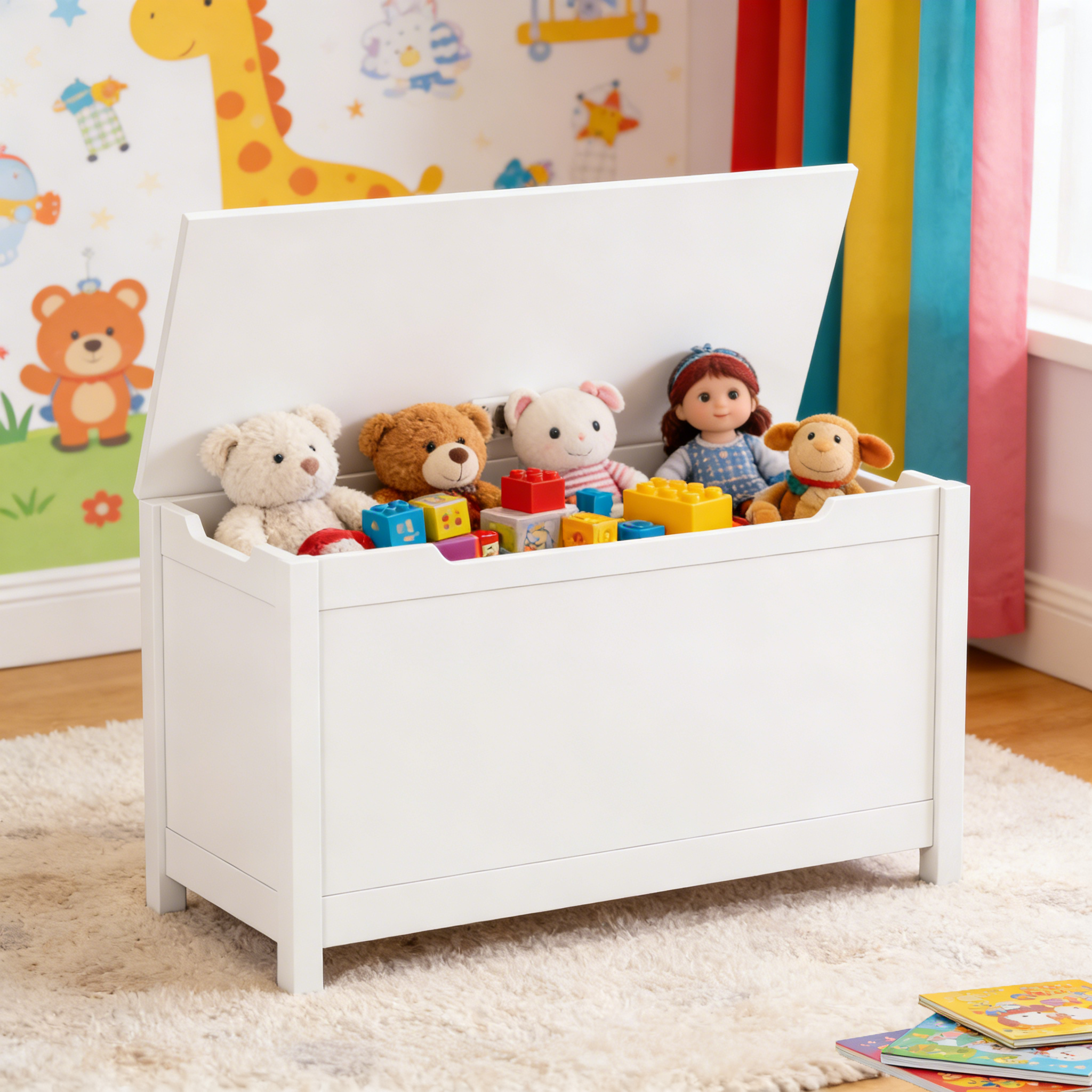 Kids Wooden Toy Box Storage with Safety Hinged Lid for Ages 2+ (White) - Grand Goldman