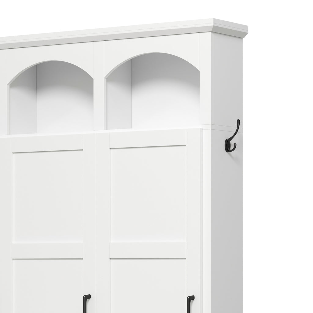 Classic Arched Design Hall Tree with 3 Hidden Storage, Farmhouse Mudroom with Walnut Bench, Mid-Century All-in-One Entryway Organizer with 5 Hooks for Hallway, White - Grand Goldman Shop